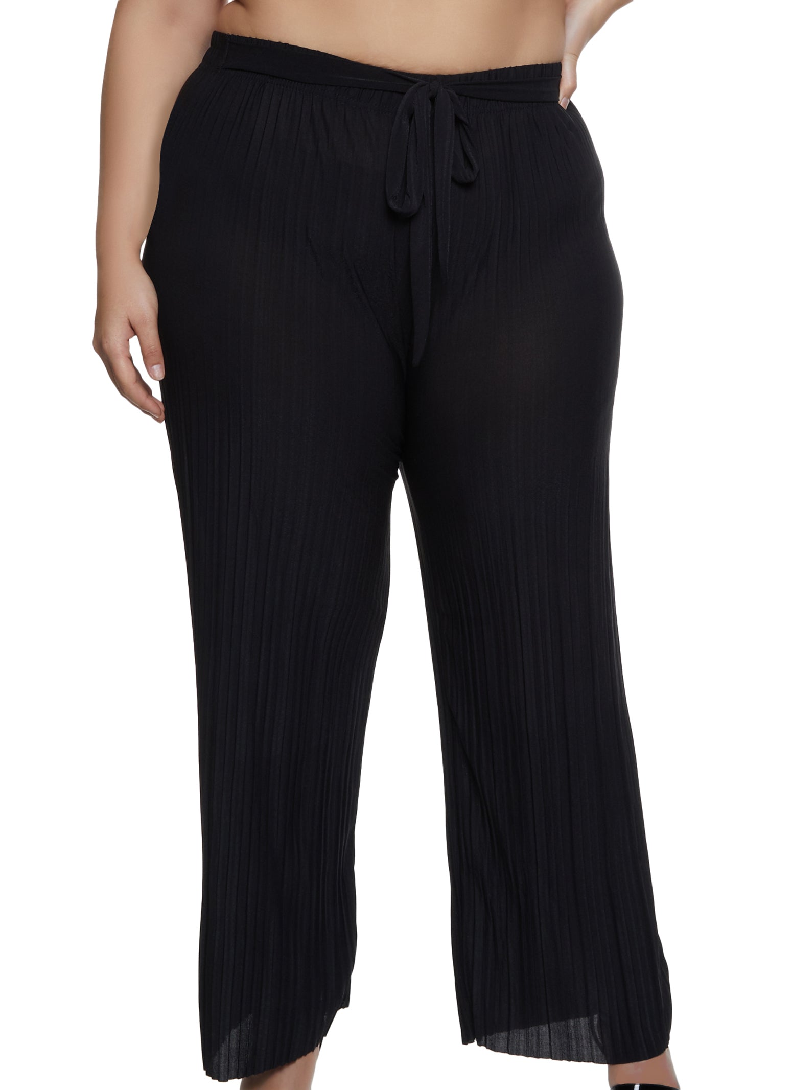 Plus Size Solid Tie Waist Pleated Palazzo Pants