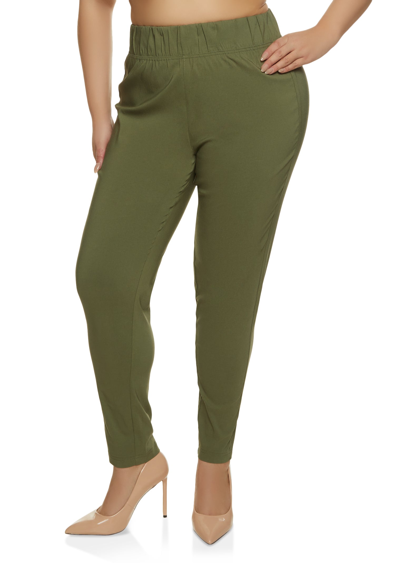 Plus Size High Waisted Pull On Dress Pants - Olive