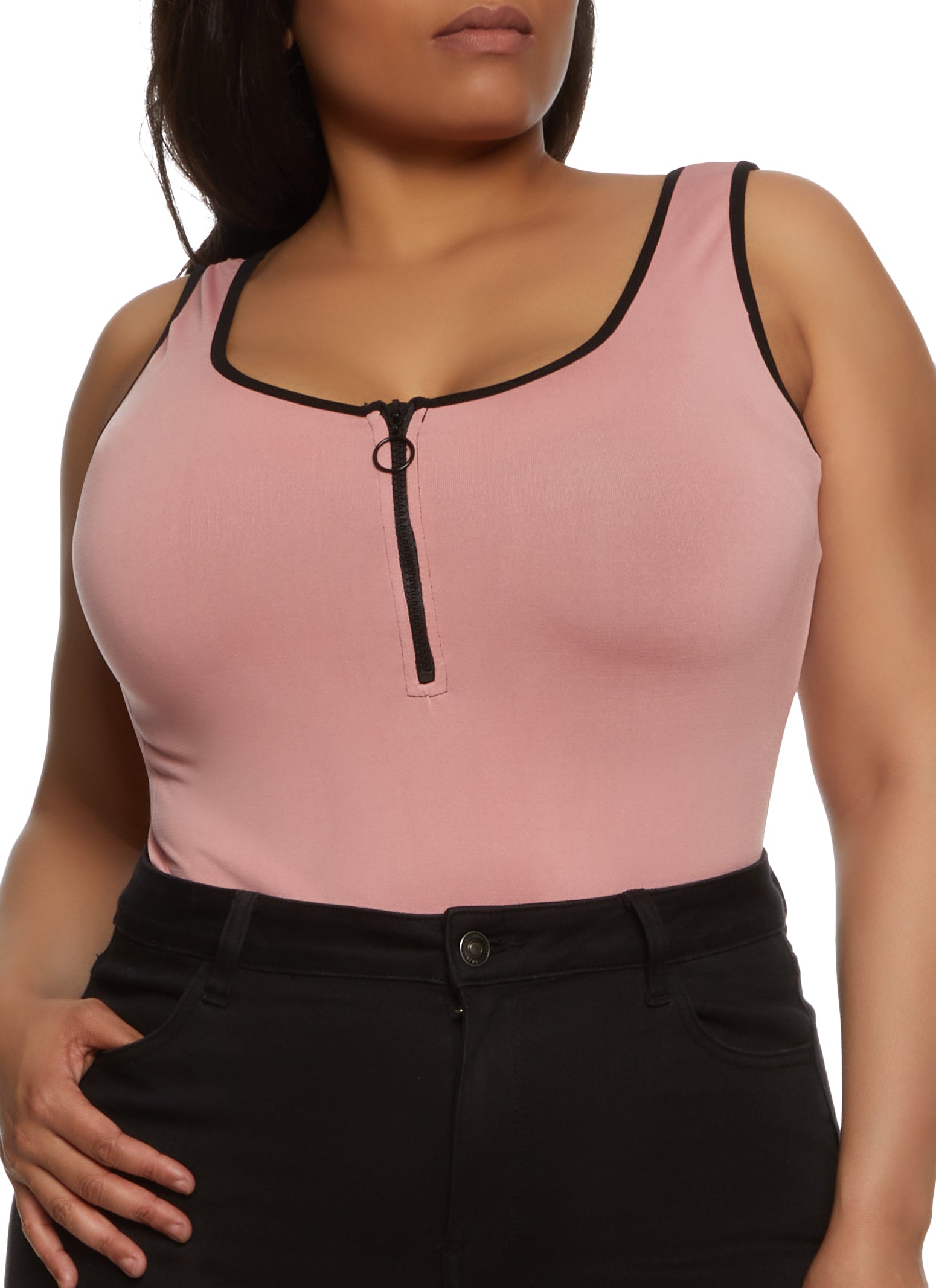 Plus Size Half Zip Contrast Trim Bodysuit