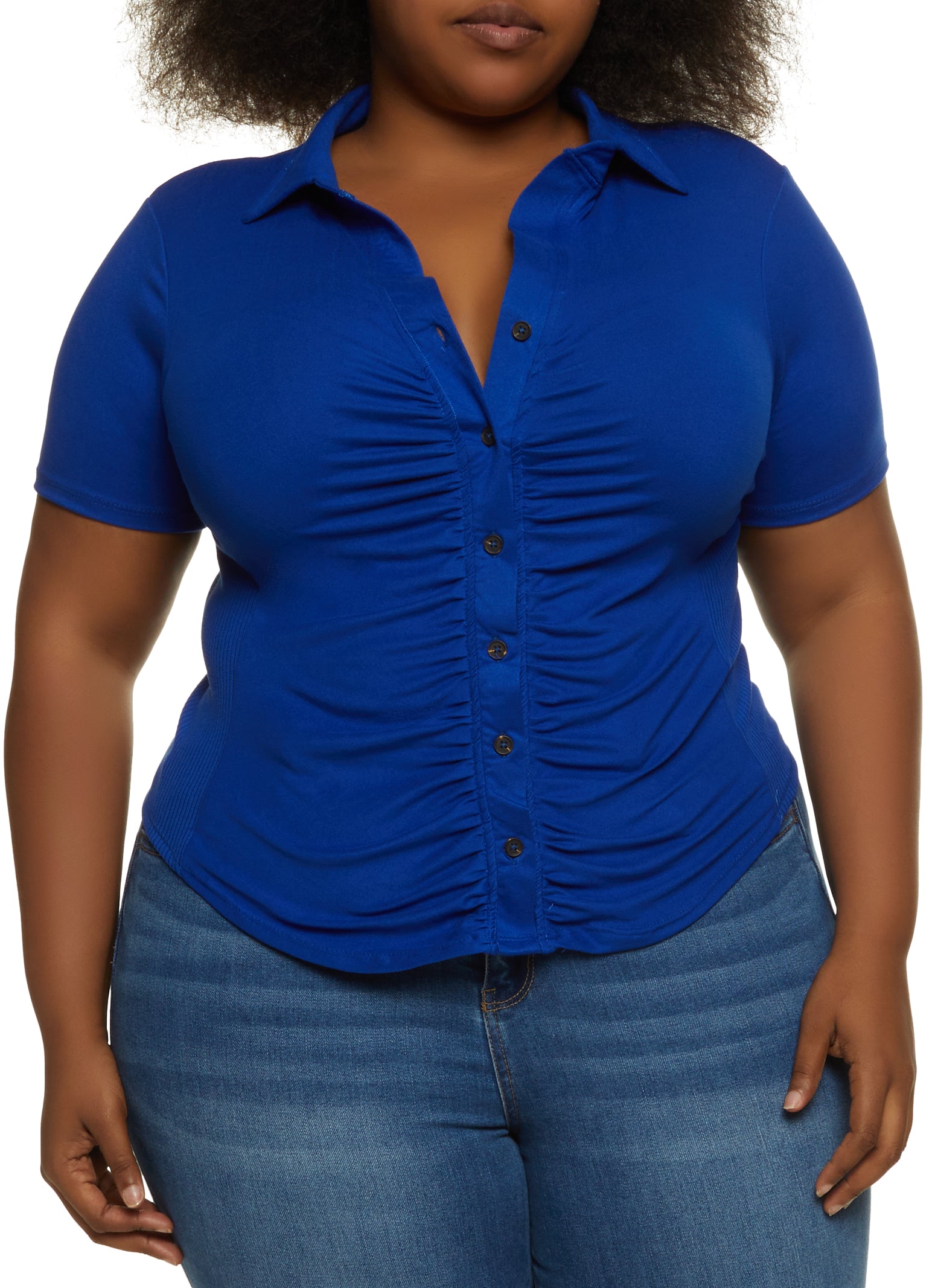 Plus Size Short Sleeve Ruched Button Down Top