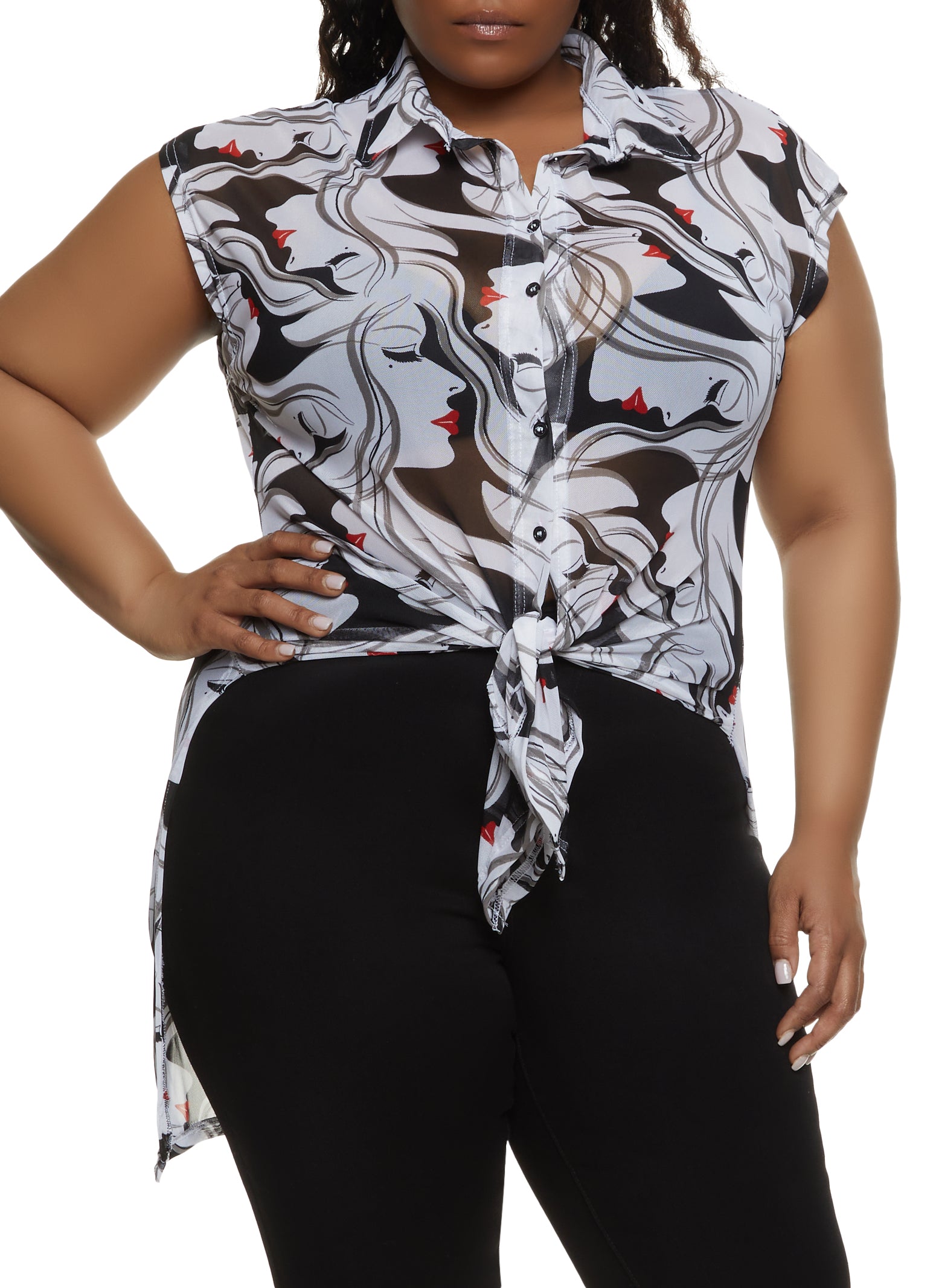 Plus Size Face Print Sleeveless Shirt