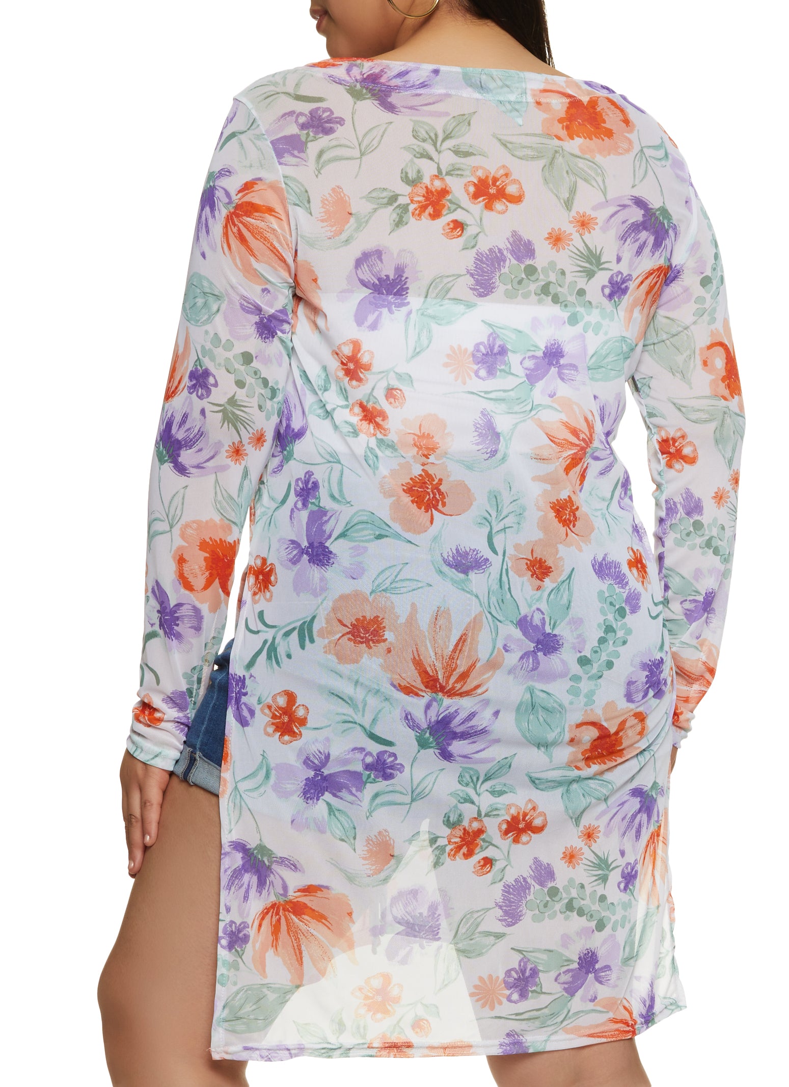 Plus Size Mesh Floral Print Button Down Tunic Top