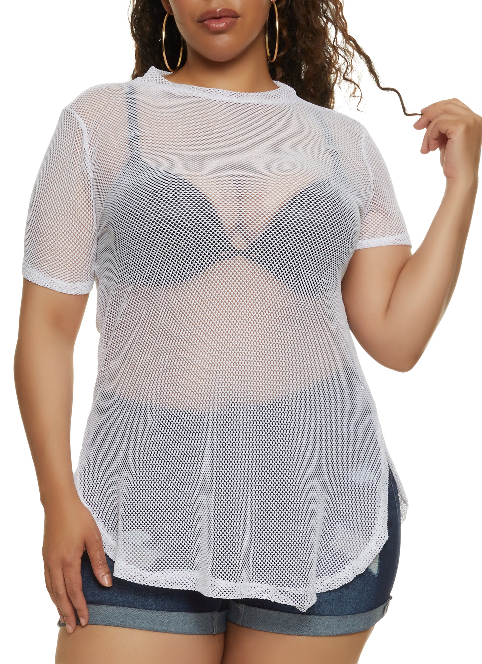 Plus Size Fishnet Short Sleeve Top - White