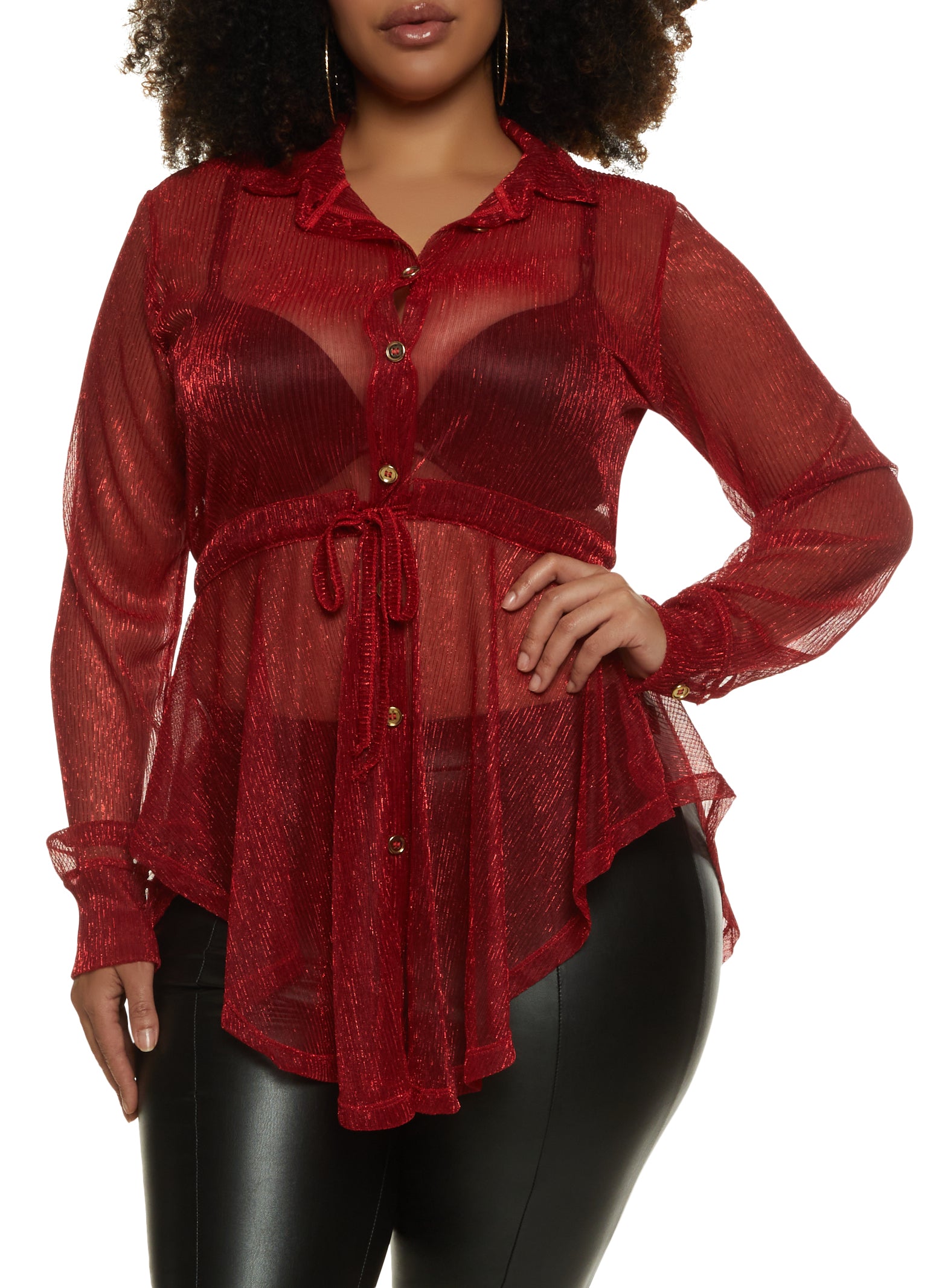 Plus Size Sheer Lurex Button Down Long Sleeve Shirt - Red