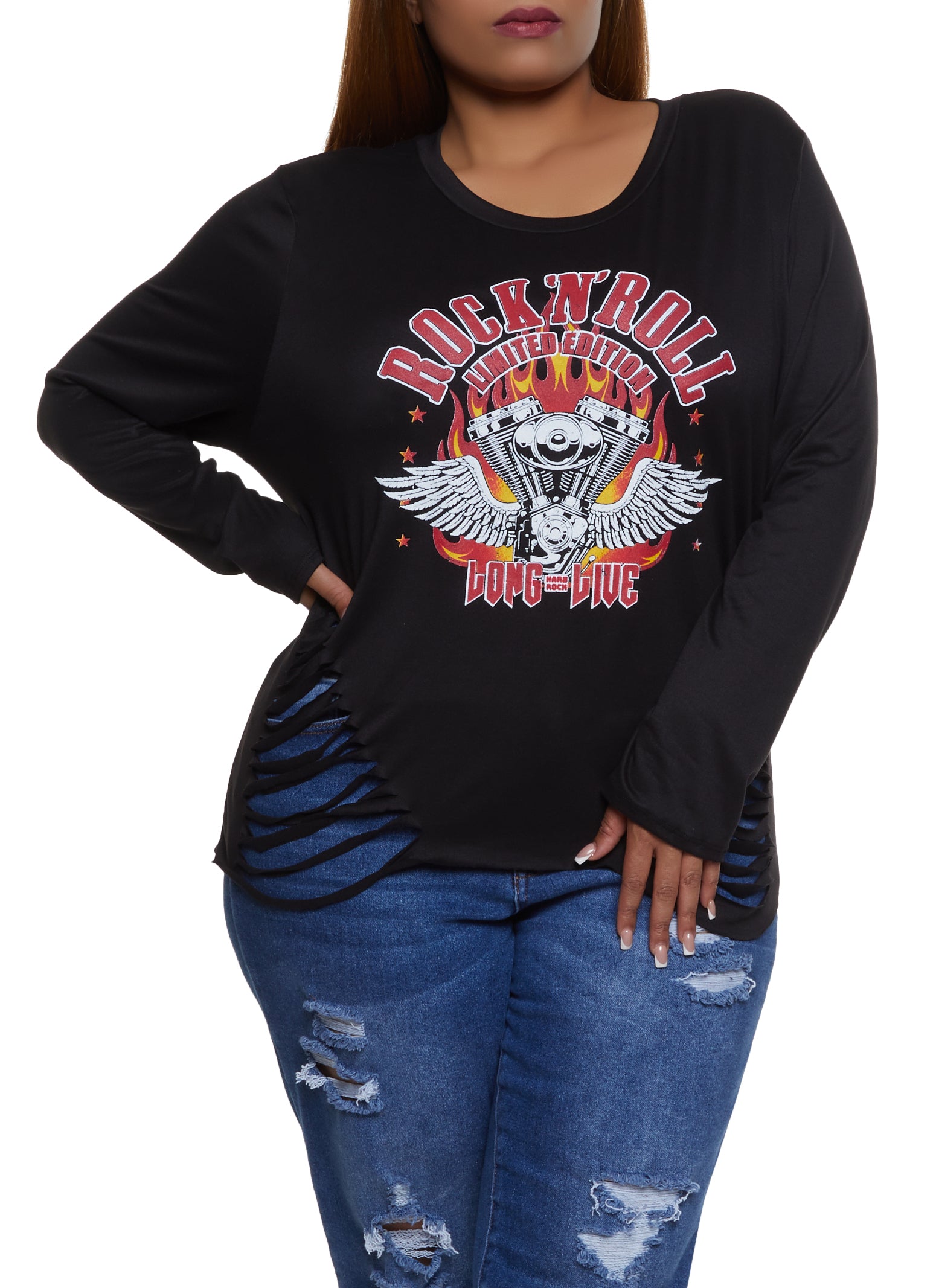 Plus Size Rock N Roll Slashed Graphic Tee