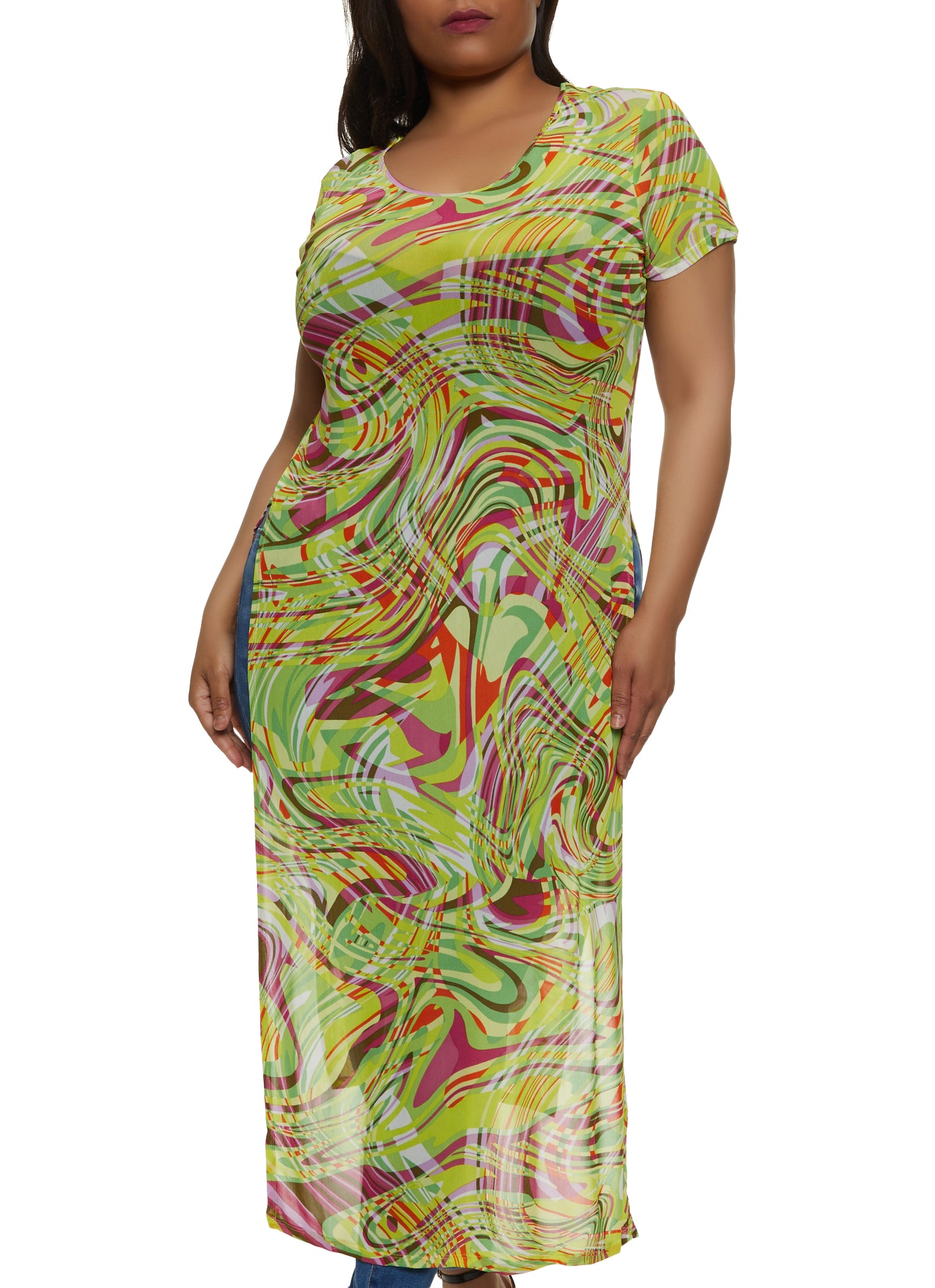 Plus Size Mesh Psychedelic Print Maxi Top