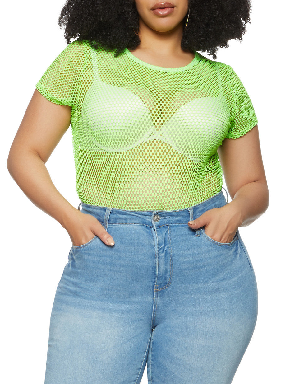 Plus Size Fishnet Bodysuit - Neon Lime