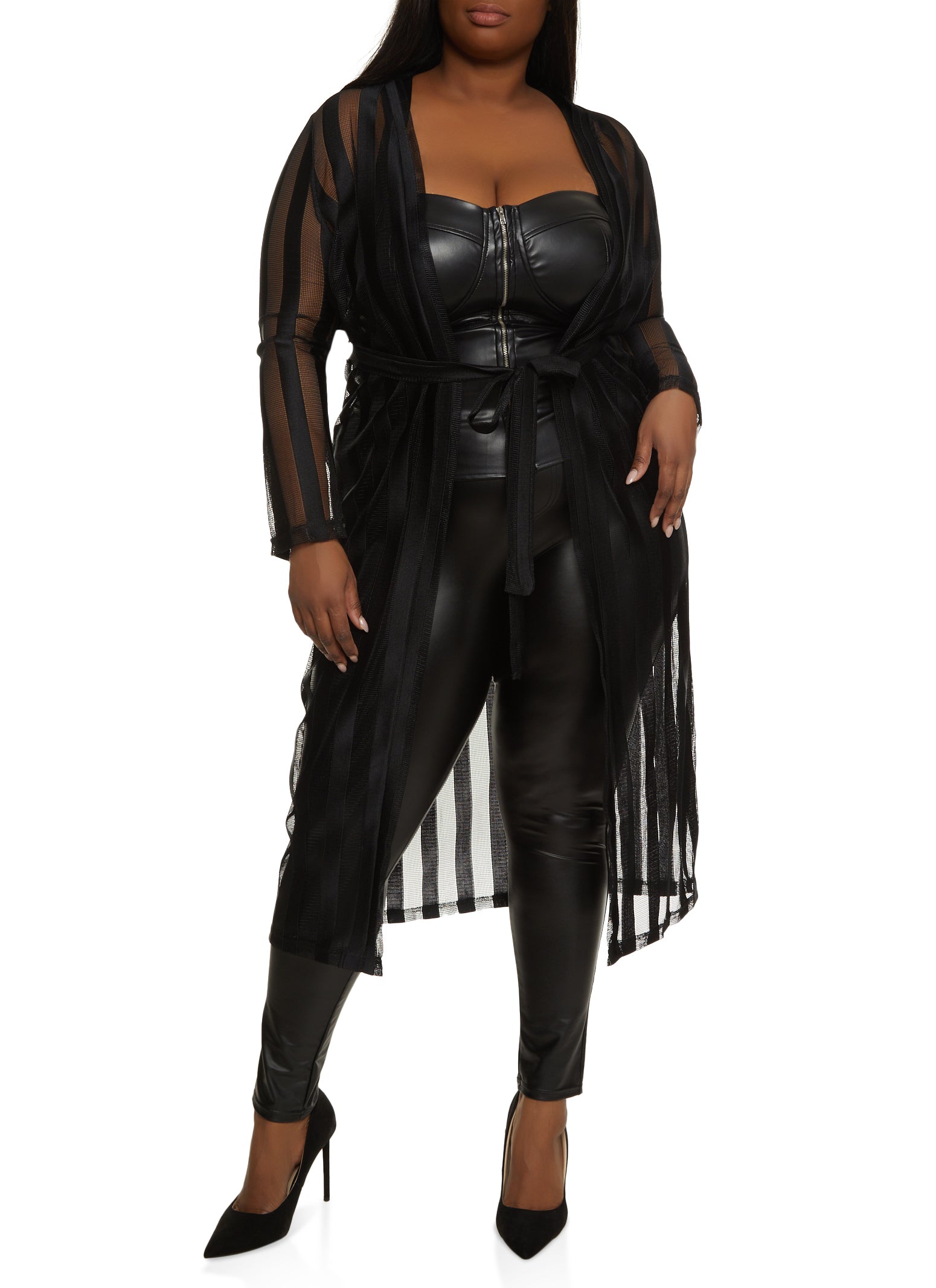 Plus Size Belted Mesh Stripe Duster - Black