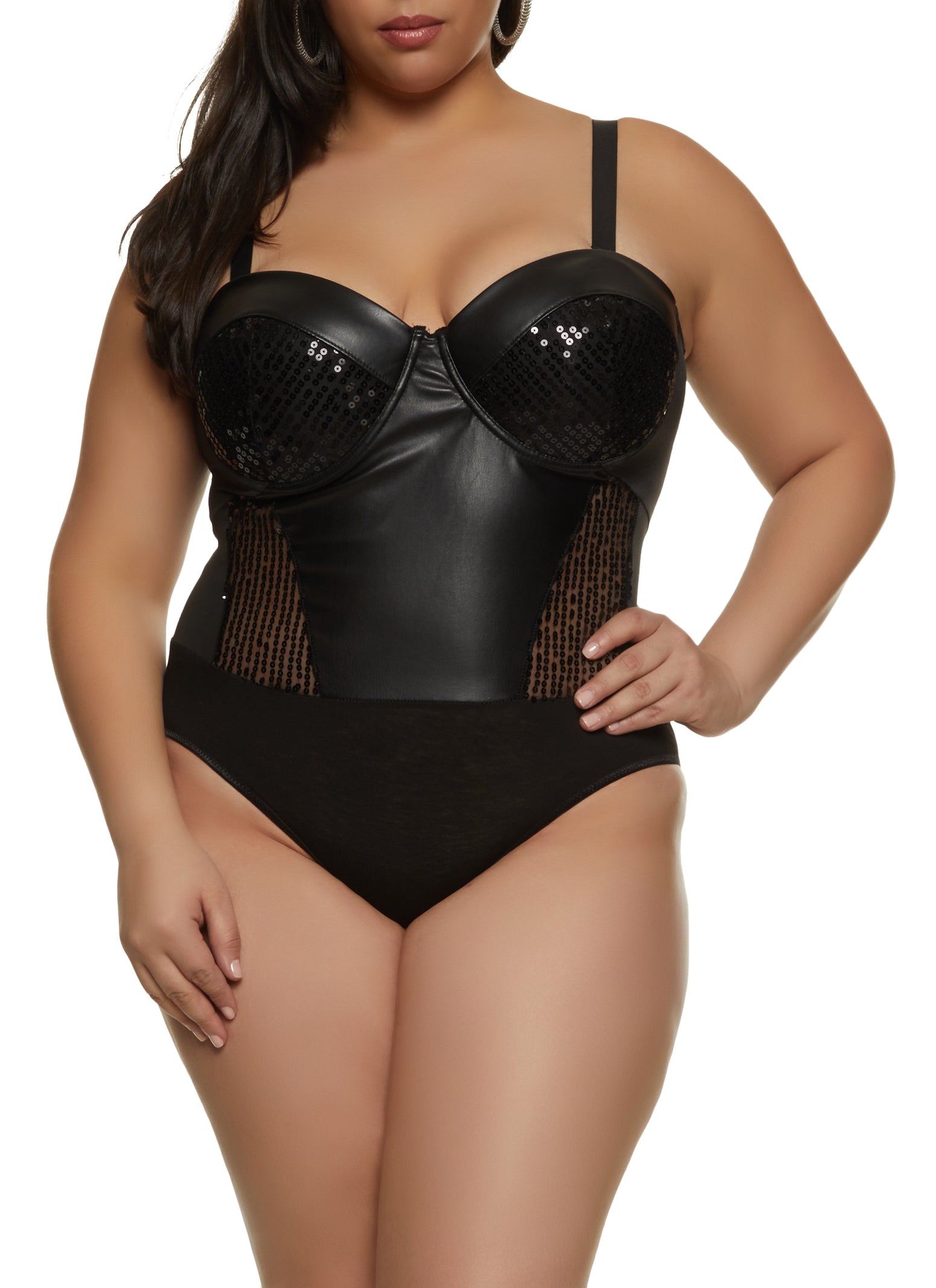 Plus Size Faux Leather Sequin Bustier Bodysuit - Black