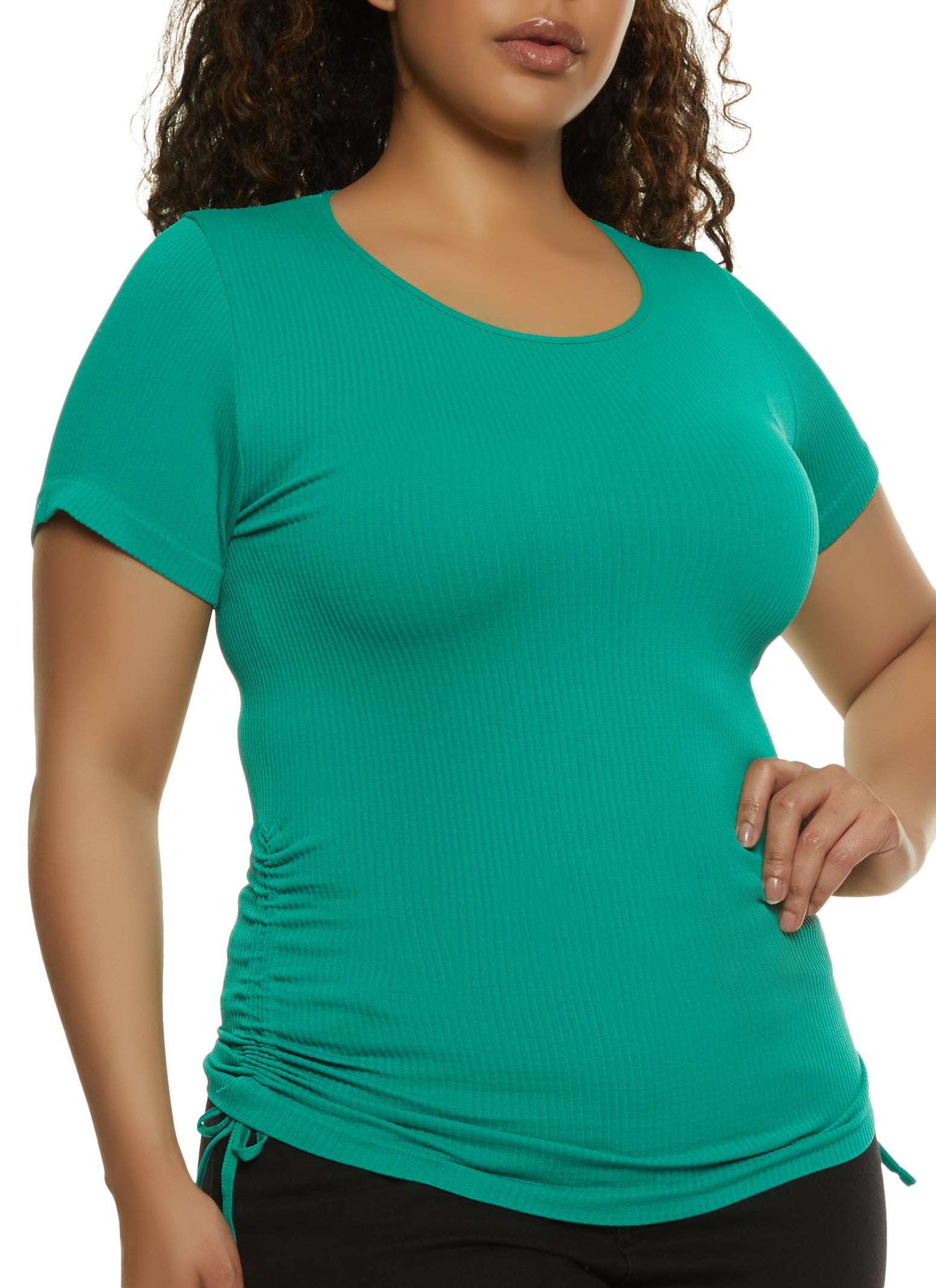 Plus Size Ribbed Knit Ruched Crew Neck Tee