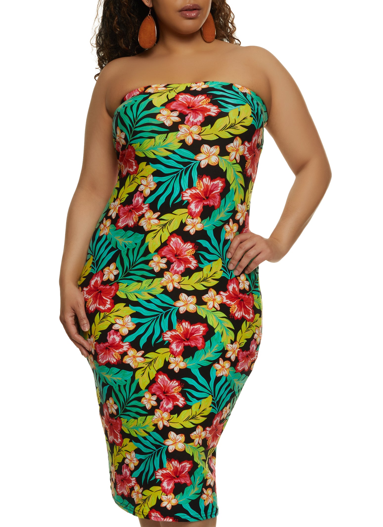 Plus Size Tropical Patterned Tube Dress