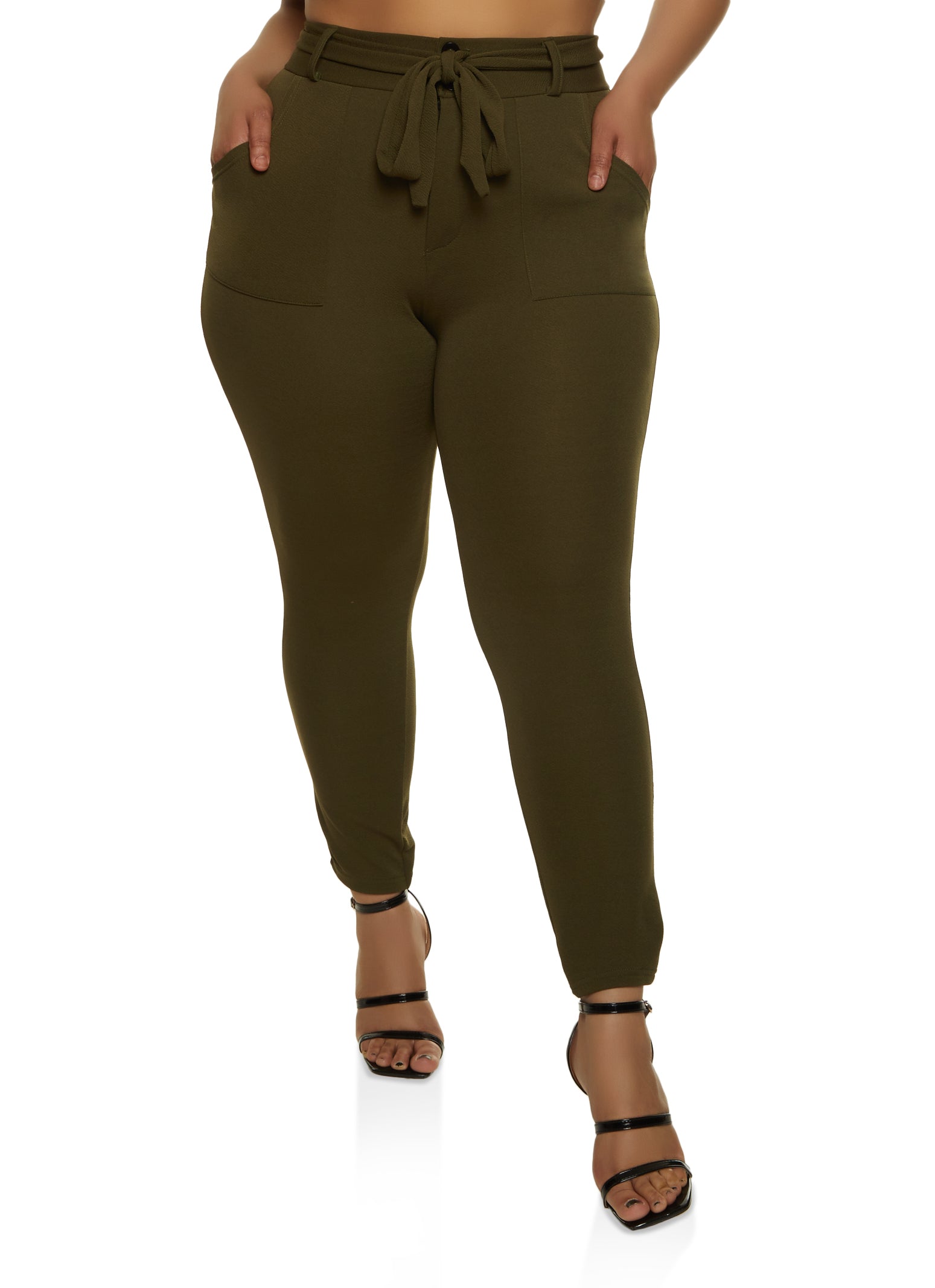 Plus Size Crepe Knit Belted Dress Pants