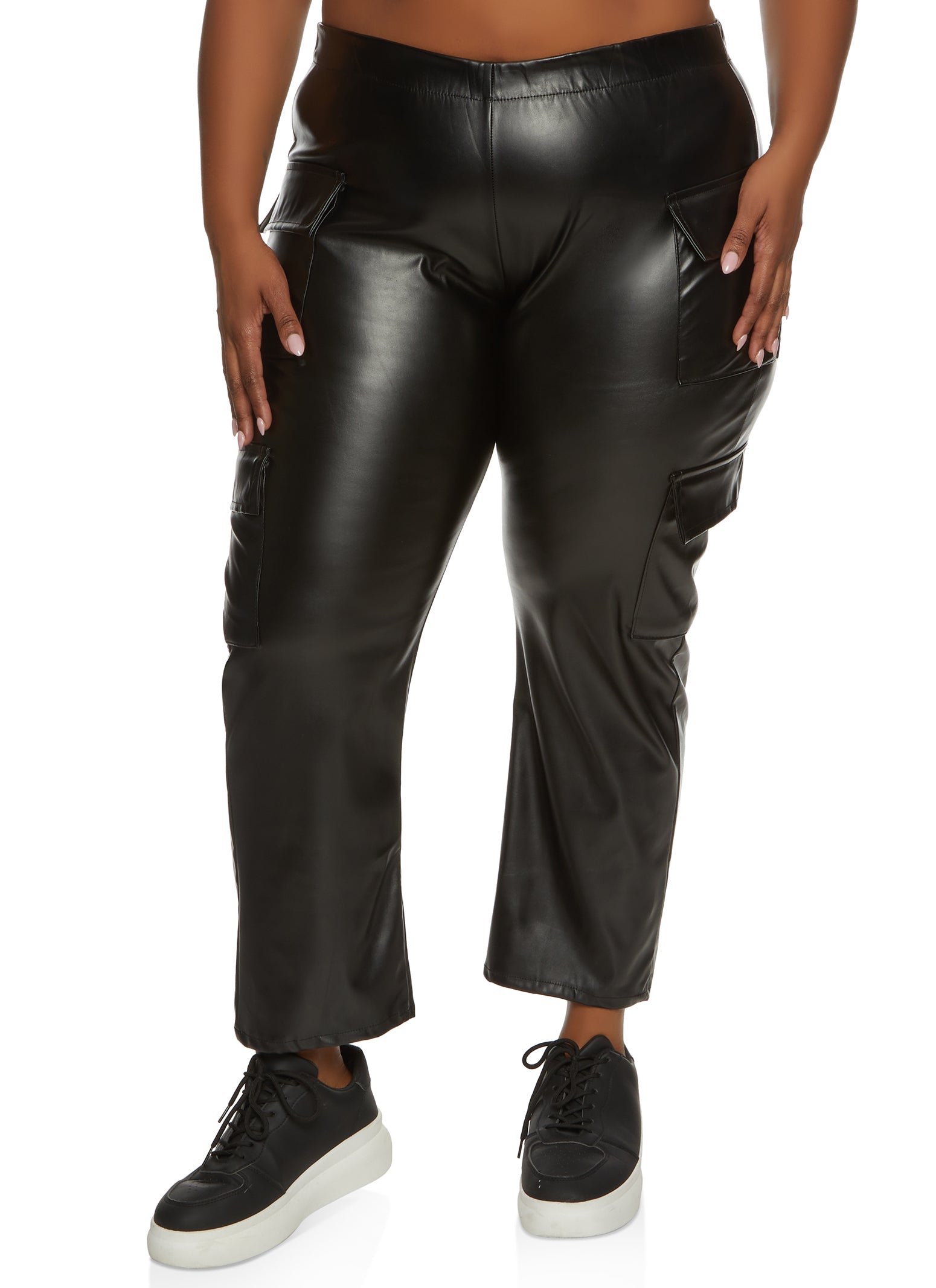 Plus Size Faux Leather Pull On Cargo Pants - Black