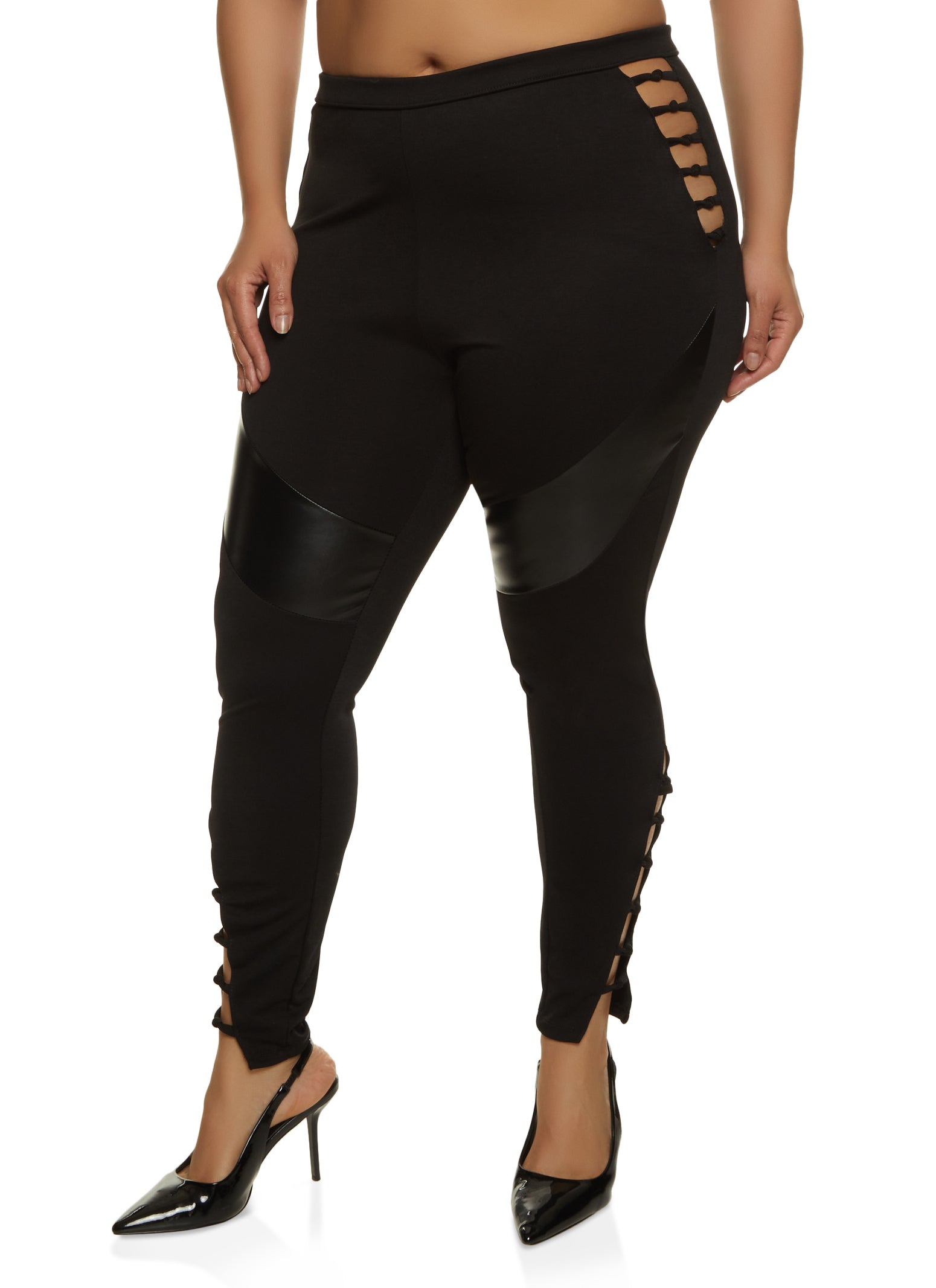 Plus Size Caged Side Faux Leather Detail Leggings - Black