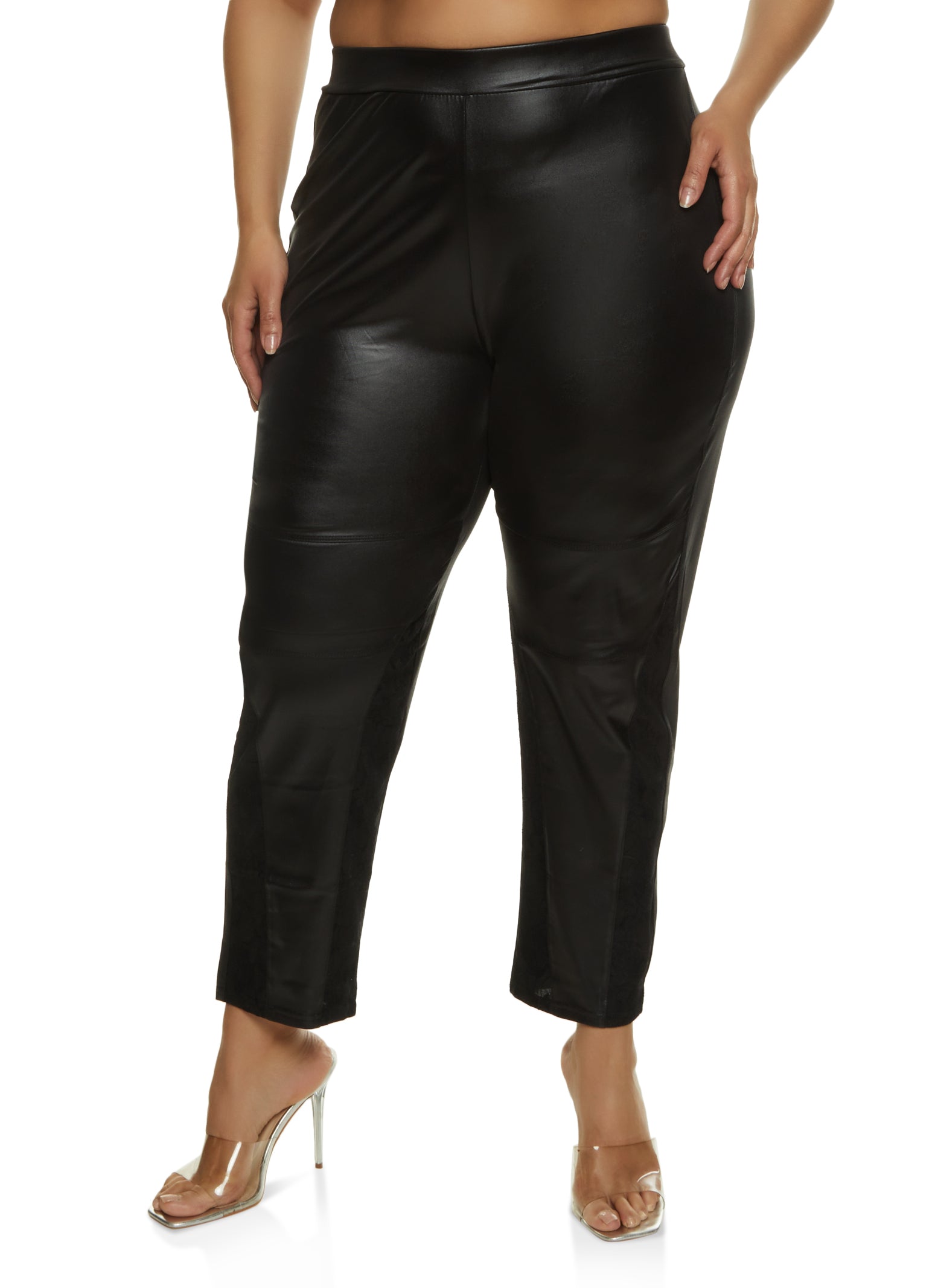 Plus Size Faux Leather Lace Detail Dress Pants - Black