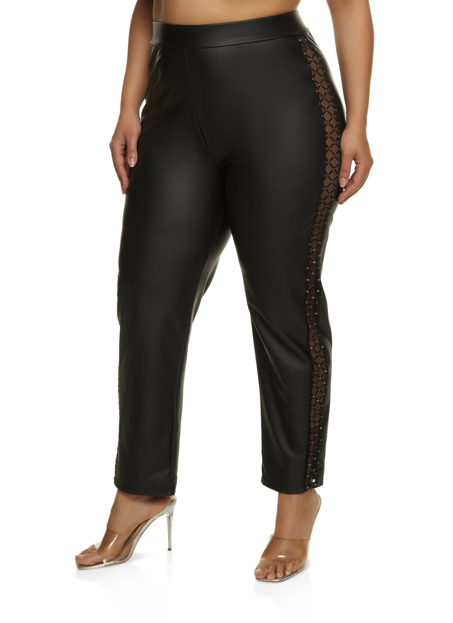 Plus Size Faux Leather Mesh Side Dress Pants - Black