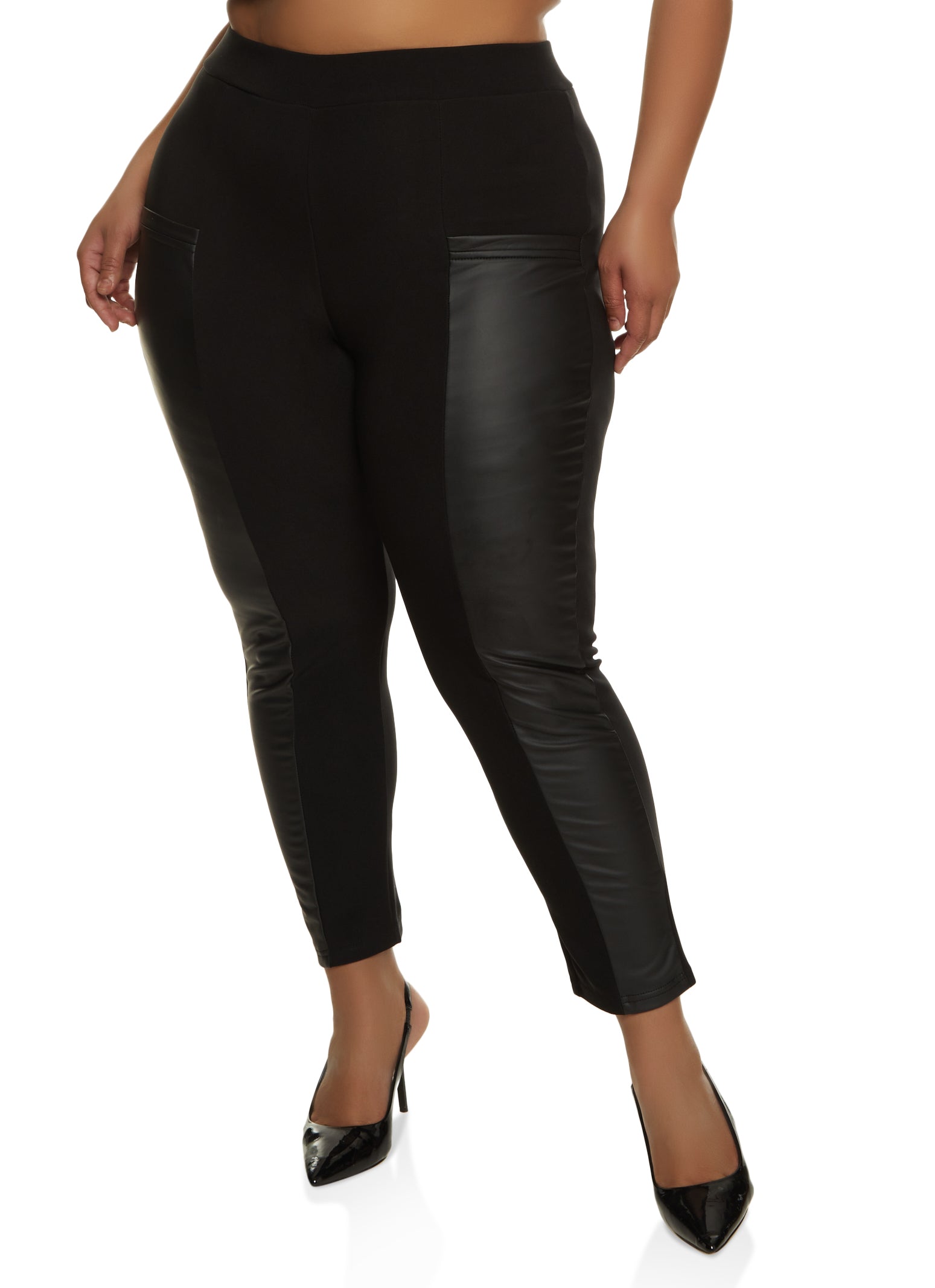 Plus Size High Waist Faux Leather Detail Scuba Pants - Black