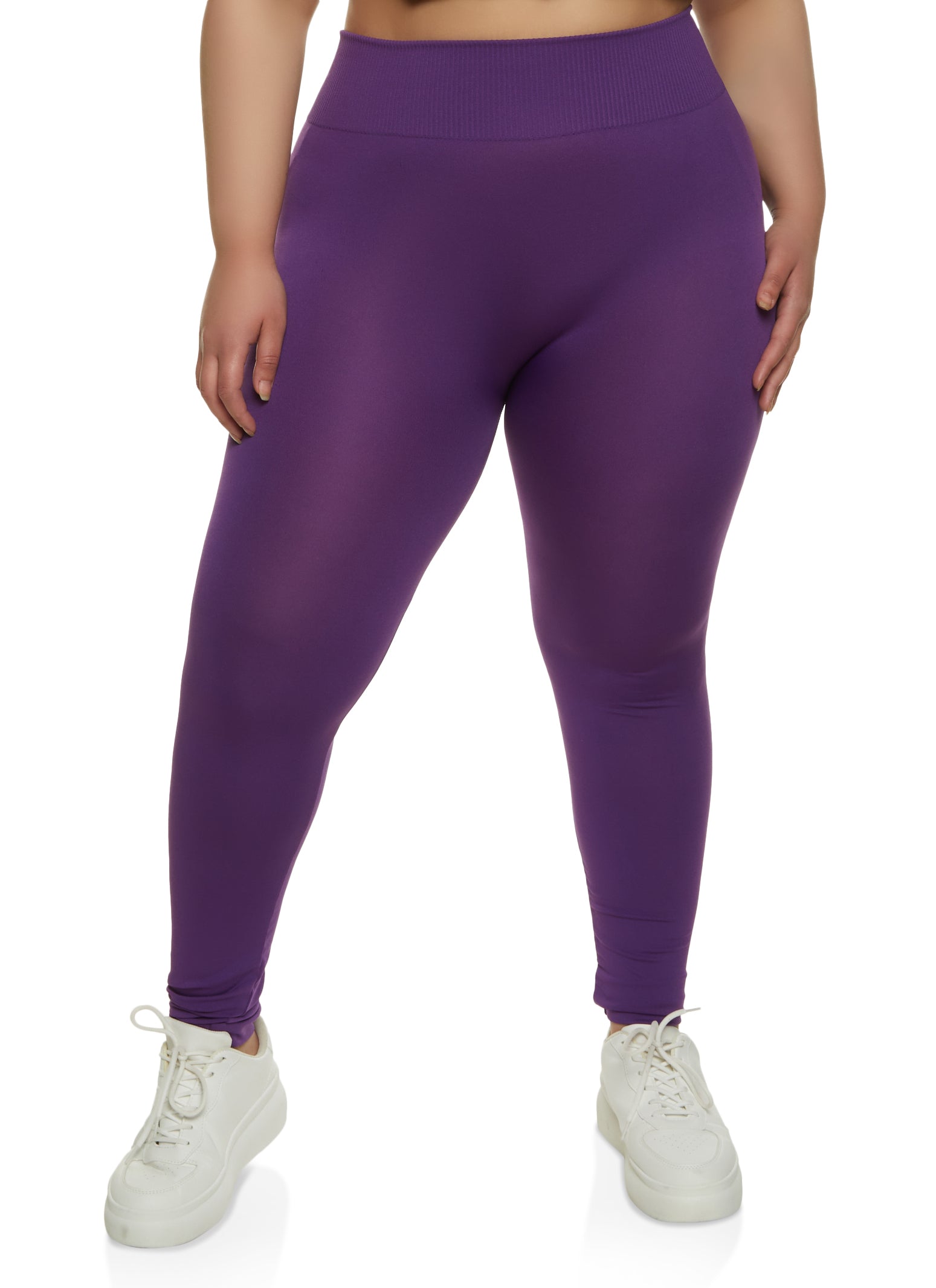 Plus Size High Waist Knit Leggings - Purple