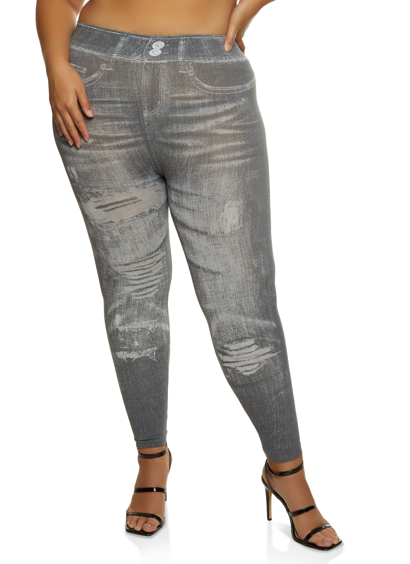Plus Size Whiskered Print Jeggings - Gray