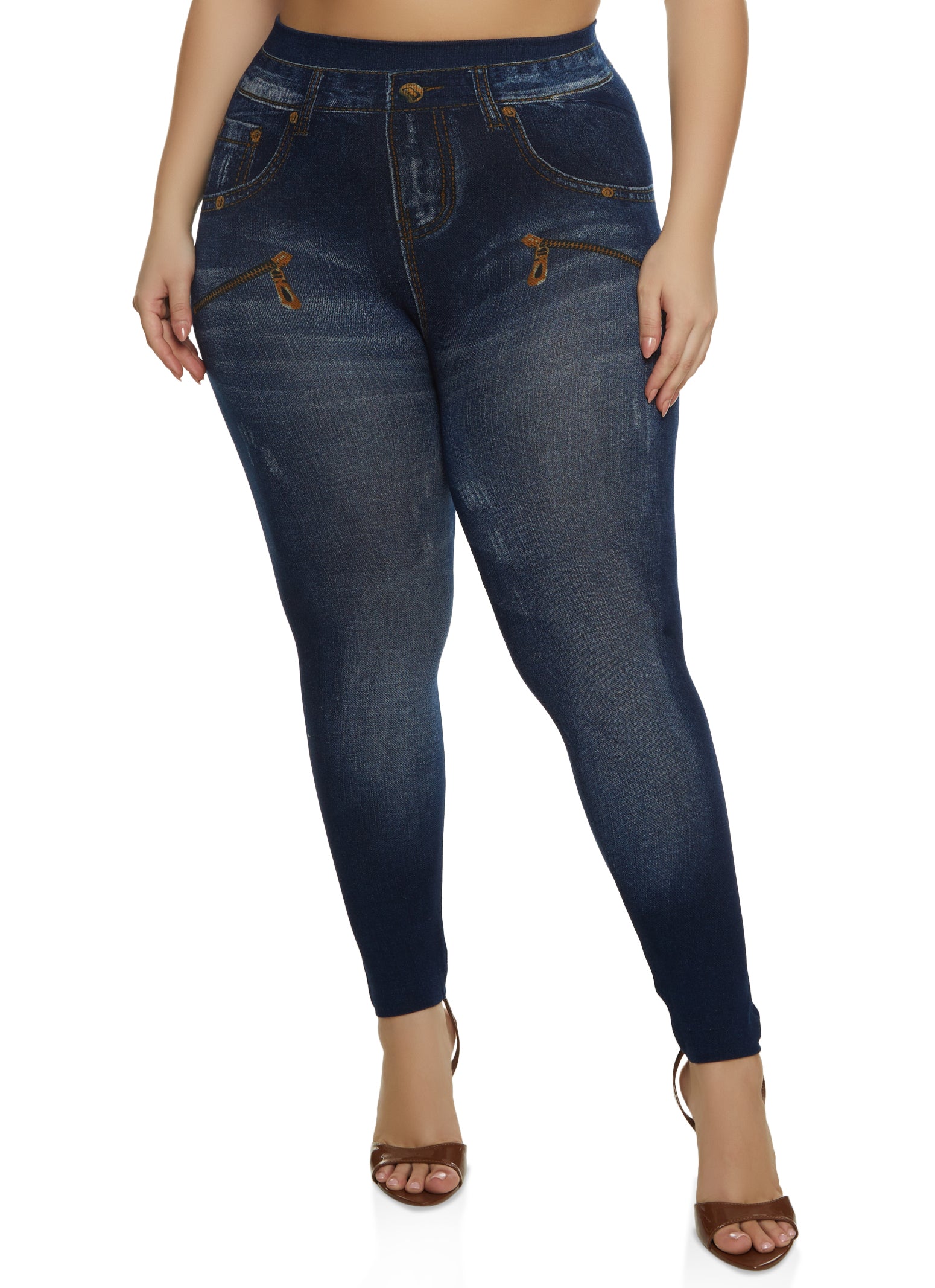 Plus Size Seamless High Waist Print Jeggings - Denim