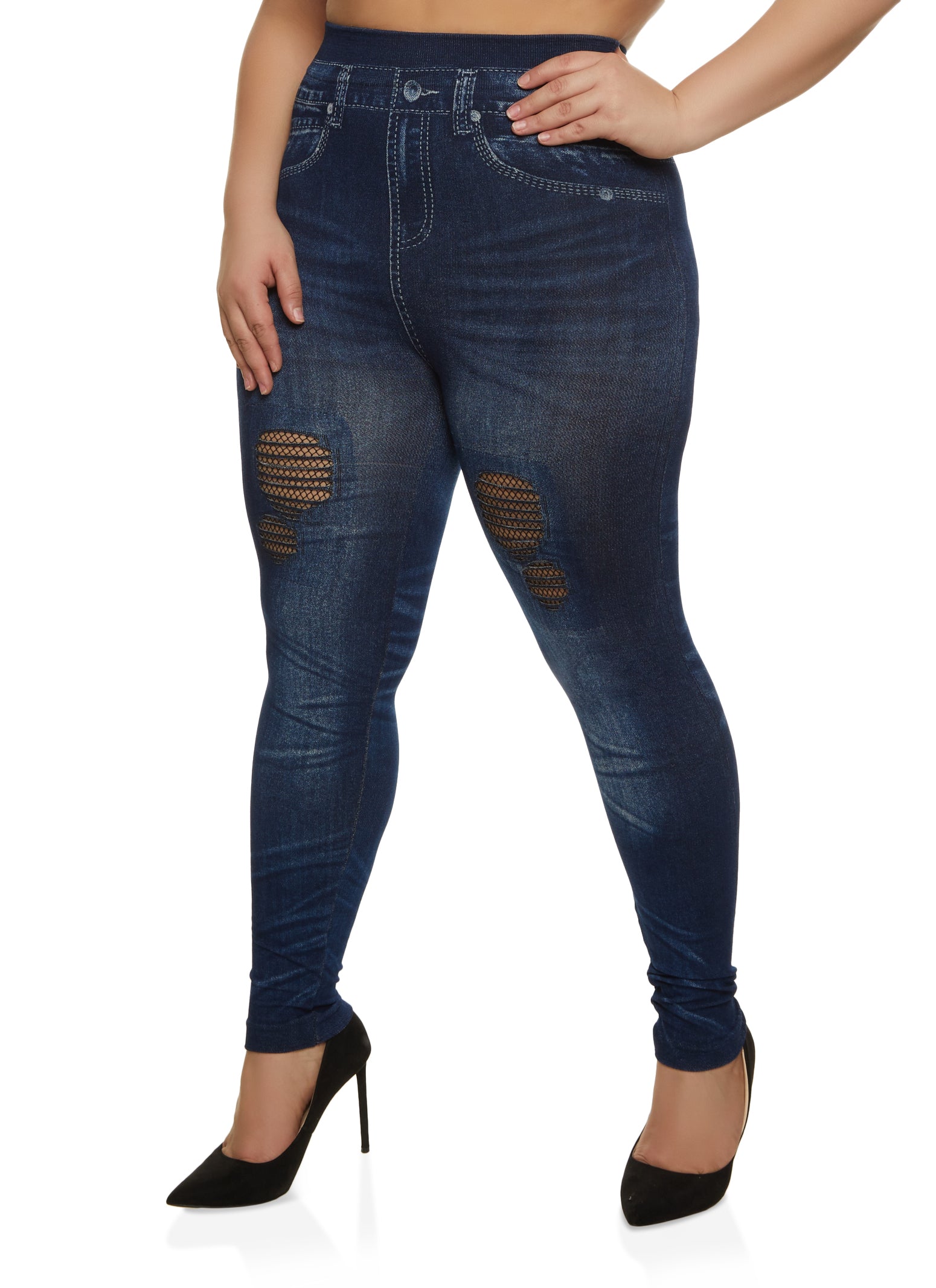 Plus Size Fishnet Detail High Waist Jeggings - Denim