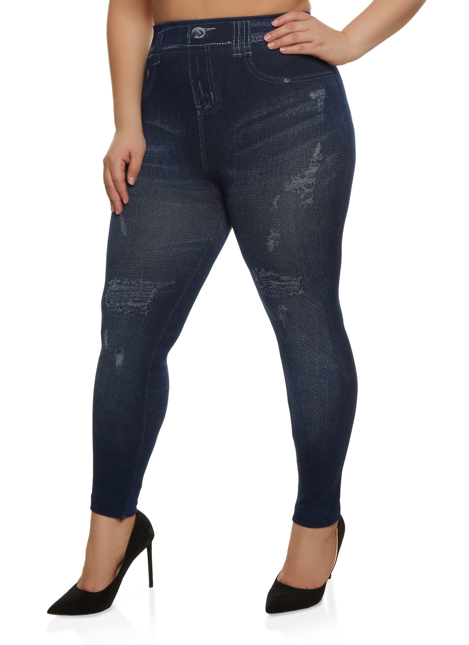 Plus Size Seamless Distressed Print Jeggings - Denim