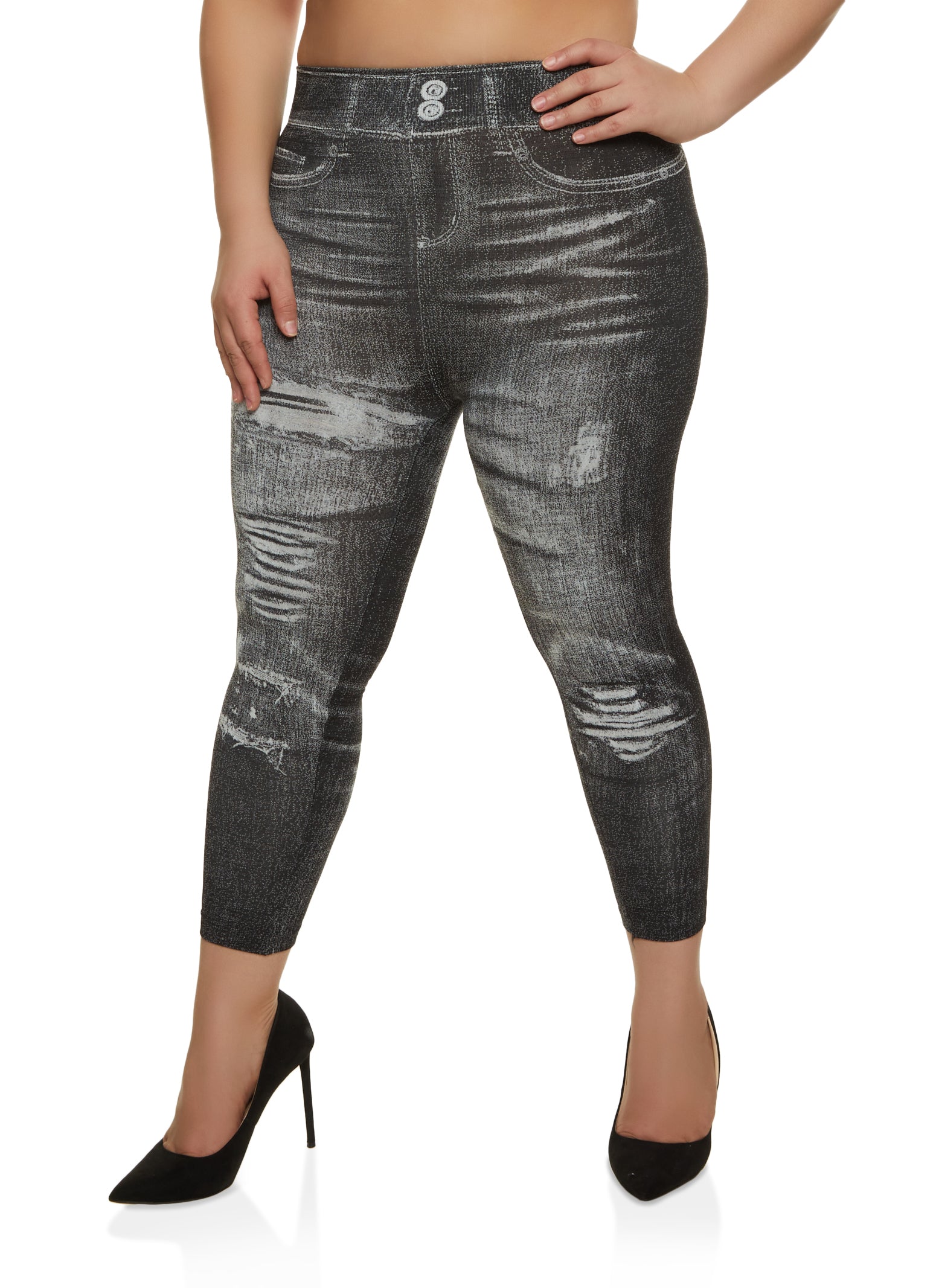 Plus Size Whiskered Print Jeggings - Black