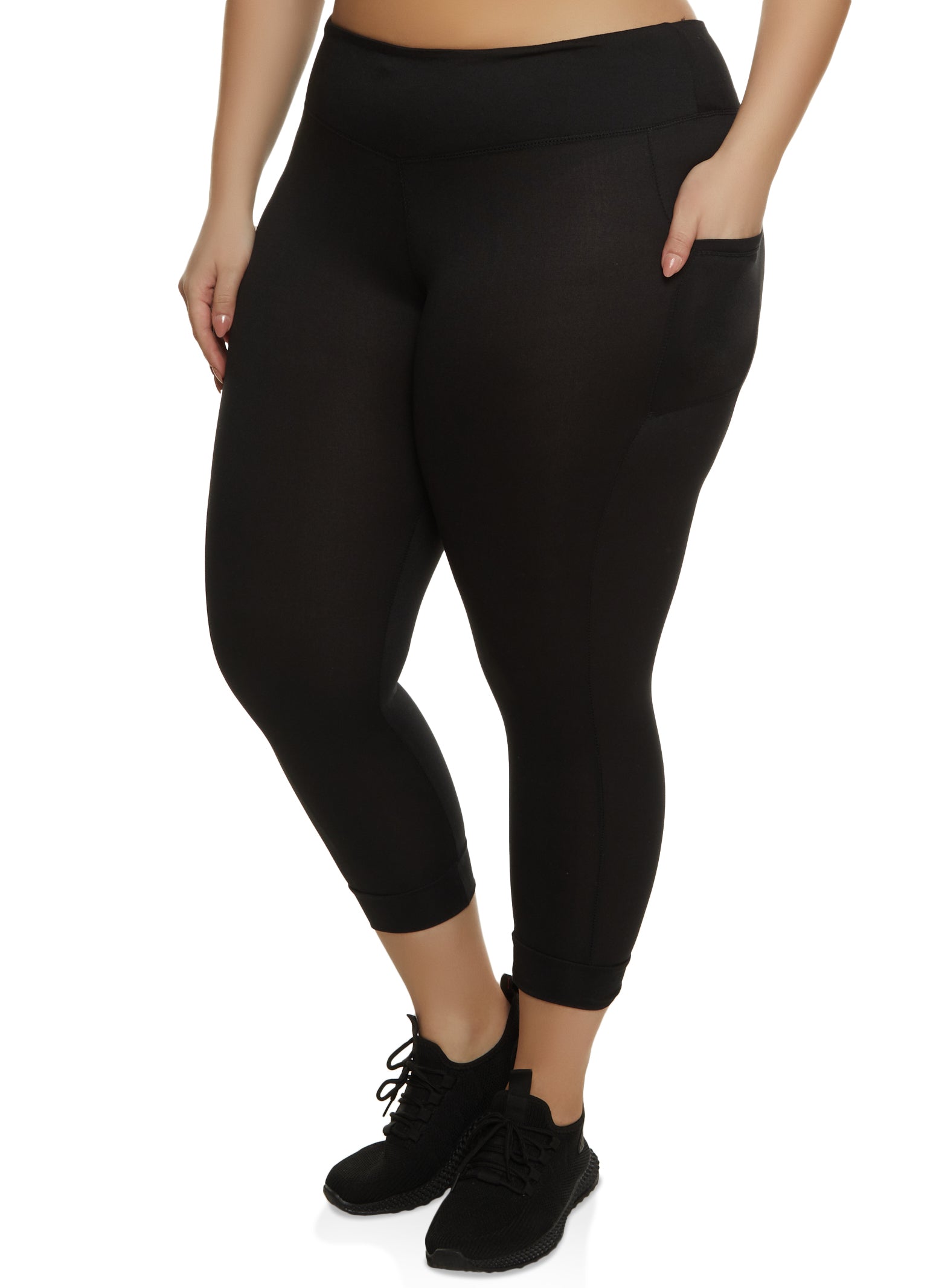 Plus Size High Waist Cell Phone Pocket Leggings - Black