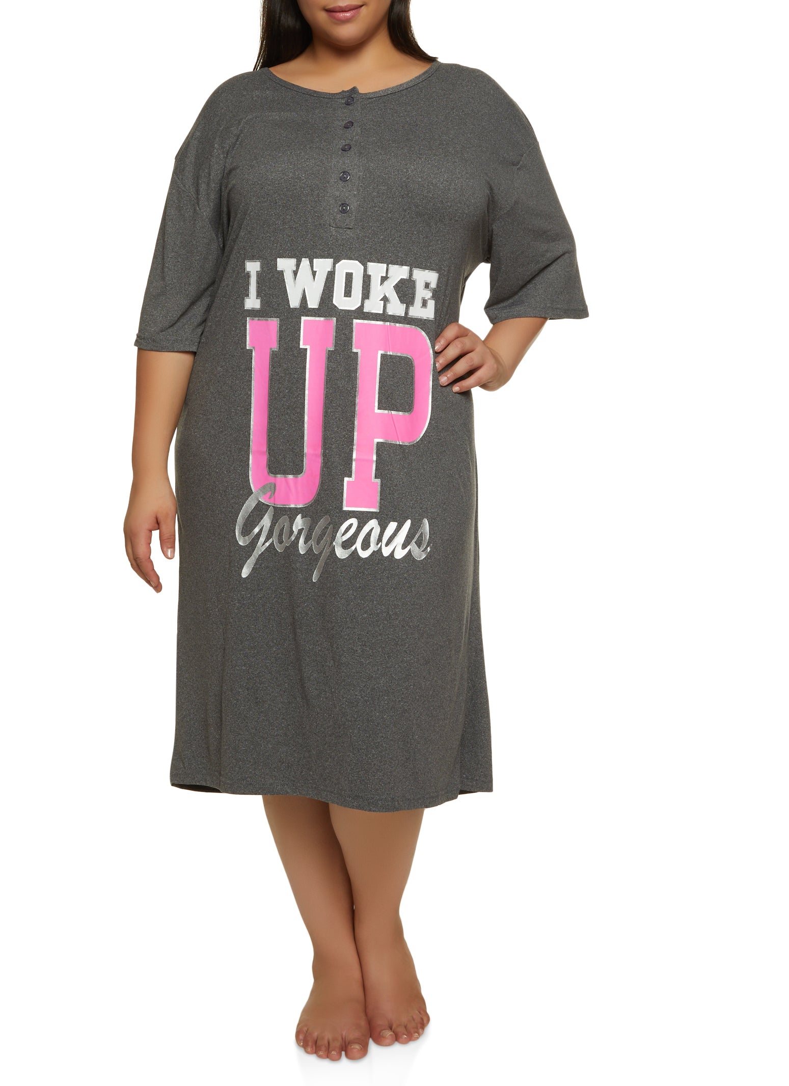 Plus Size I Woke Up Gorgeous Henley Nightgown - Charcoal