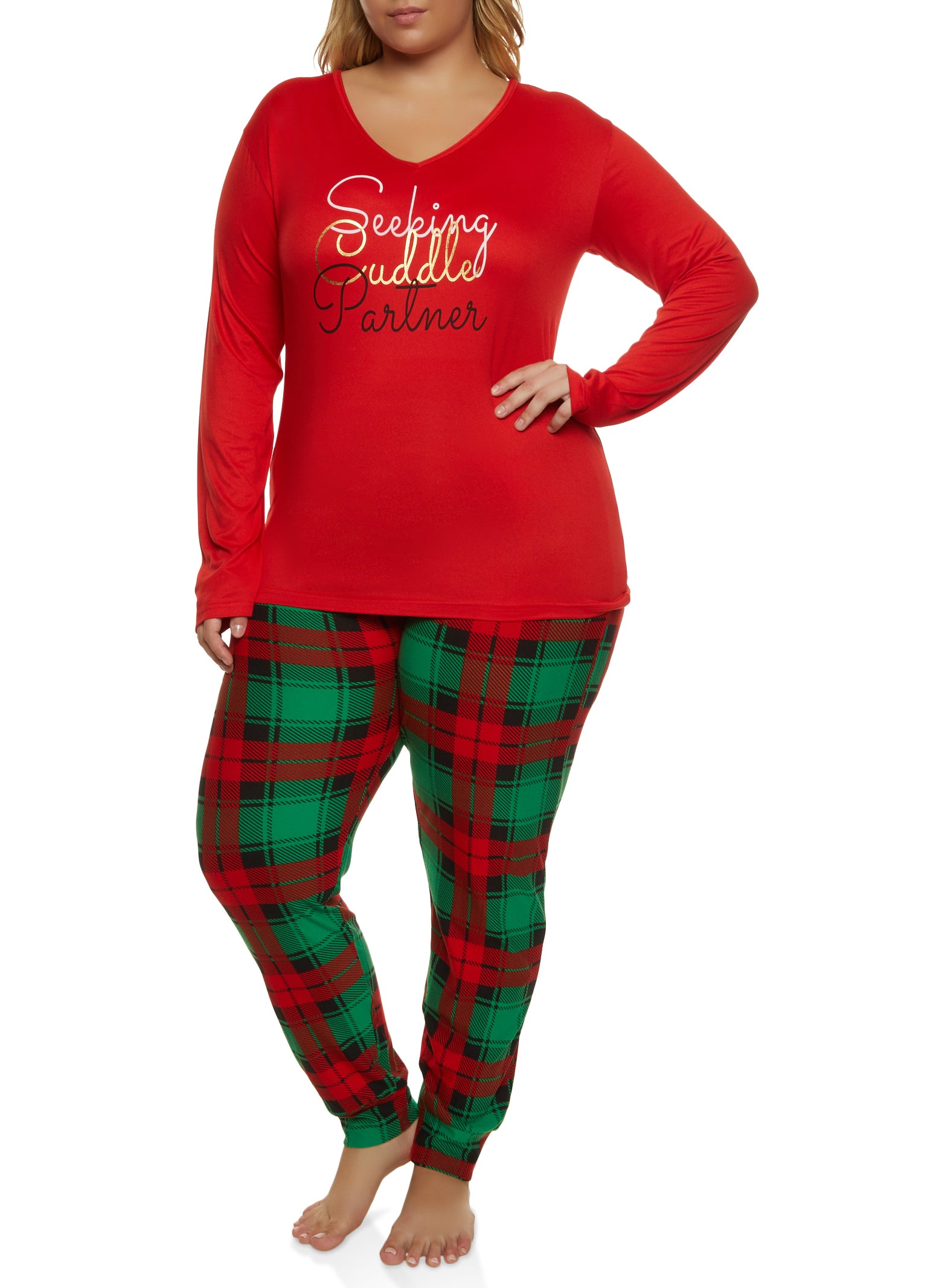 Plus Size Cuddle Partner Graphic Long Sleeve Pajama Top and Pants - Red