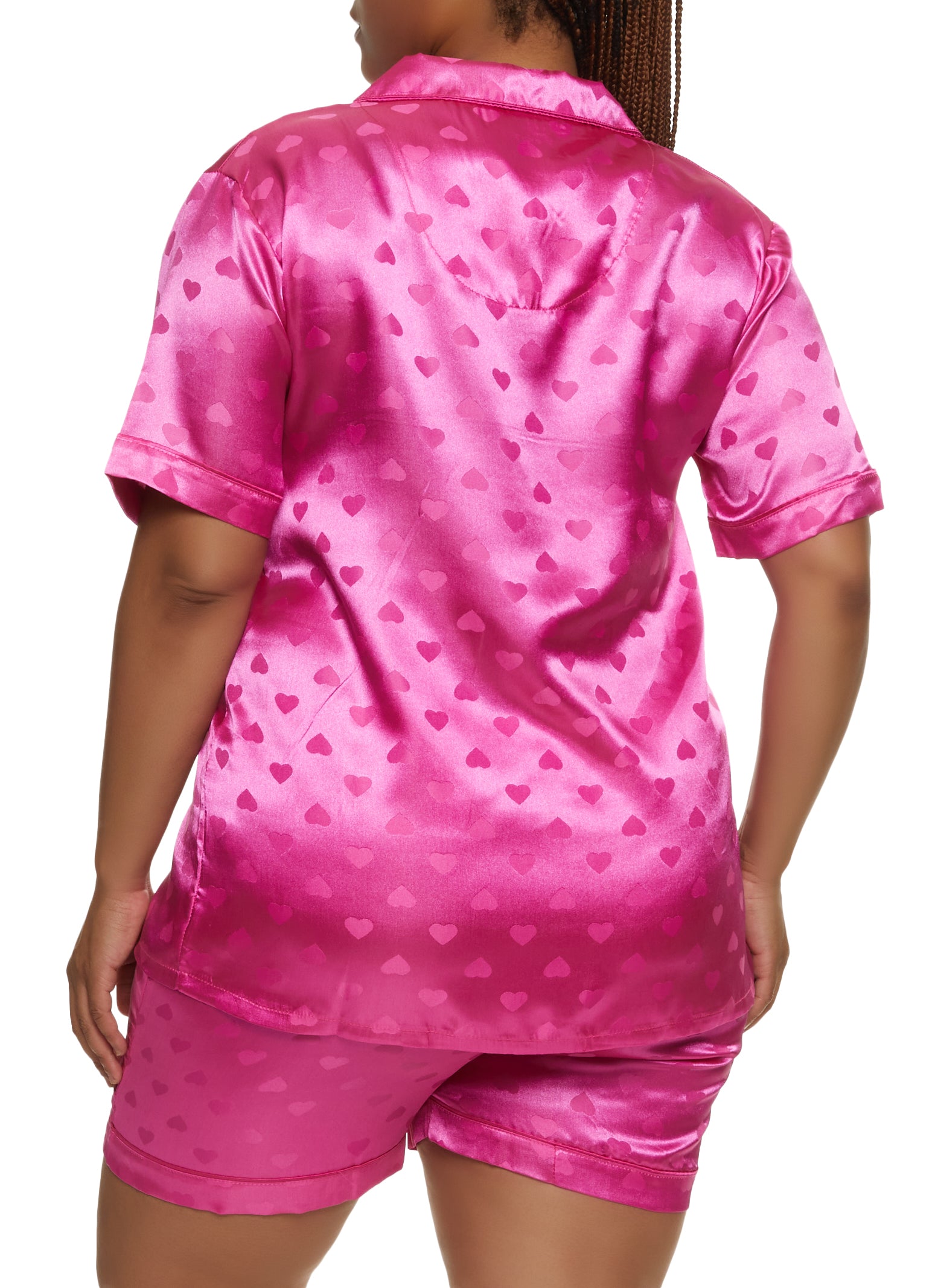 Plus Size Satin Contrast Trim Pajama Shirt and Pants Set