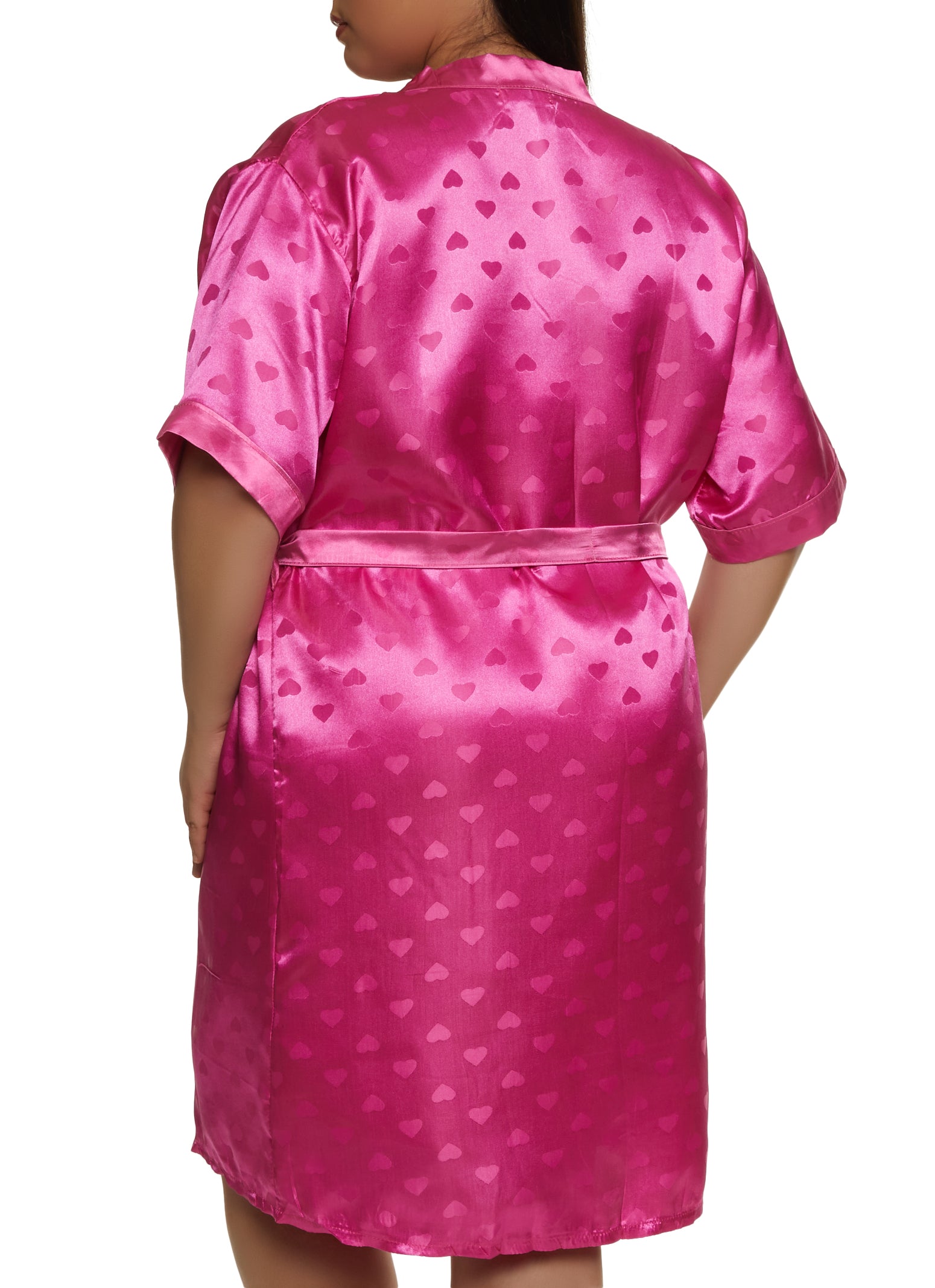 Plus Size Satin Heart Print Cami Nightgown and Robe - Fuchsia