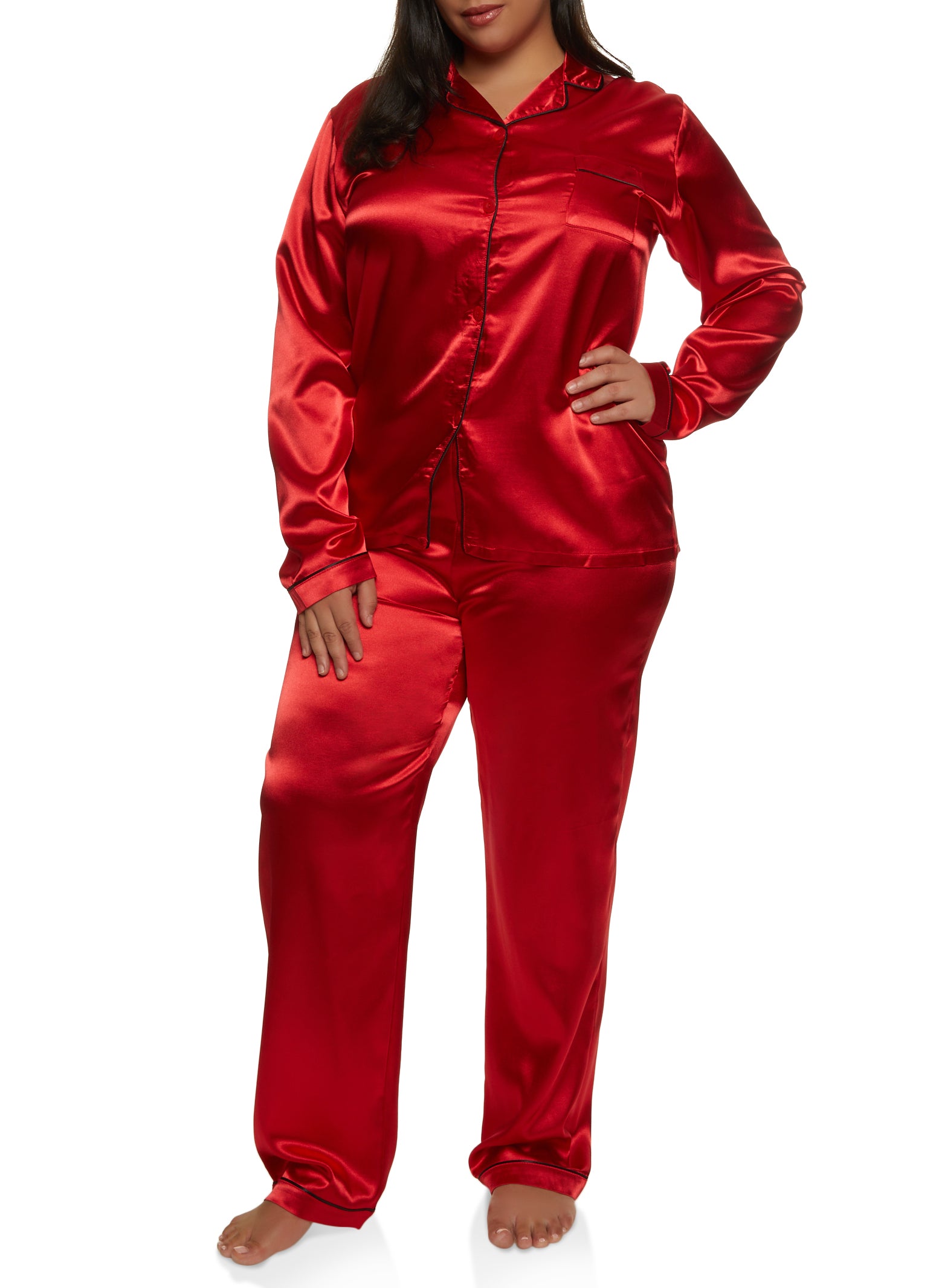 Satin Contrast Velvet Tie Cuff Pajama Shirt and Pants Set