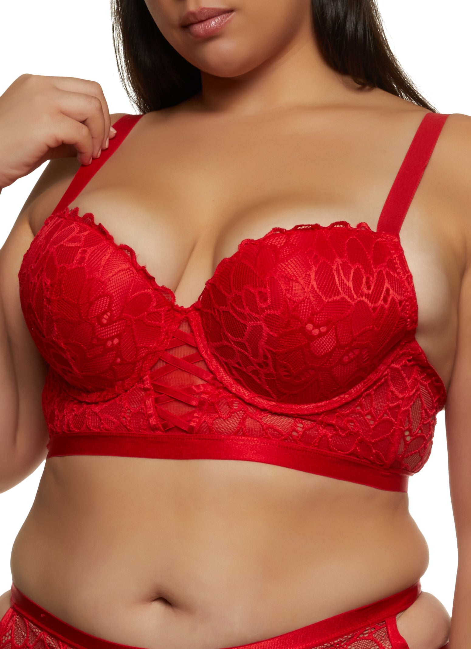 Plus Size Floral Lace Caged Longline Bra - Red