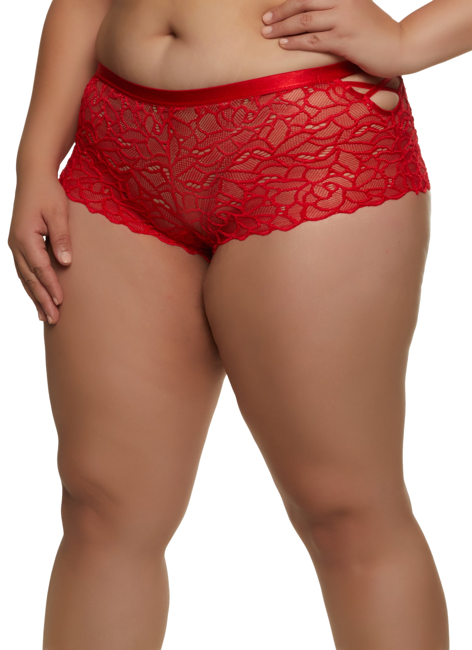Plus Size Cut Out Detail Lace Boyshort Panty - Red