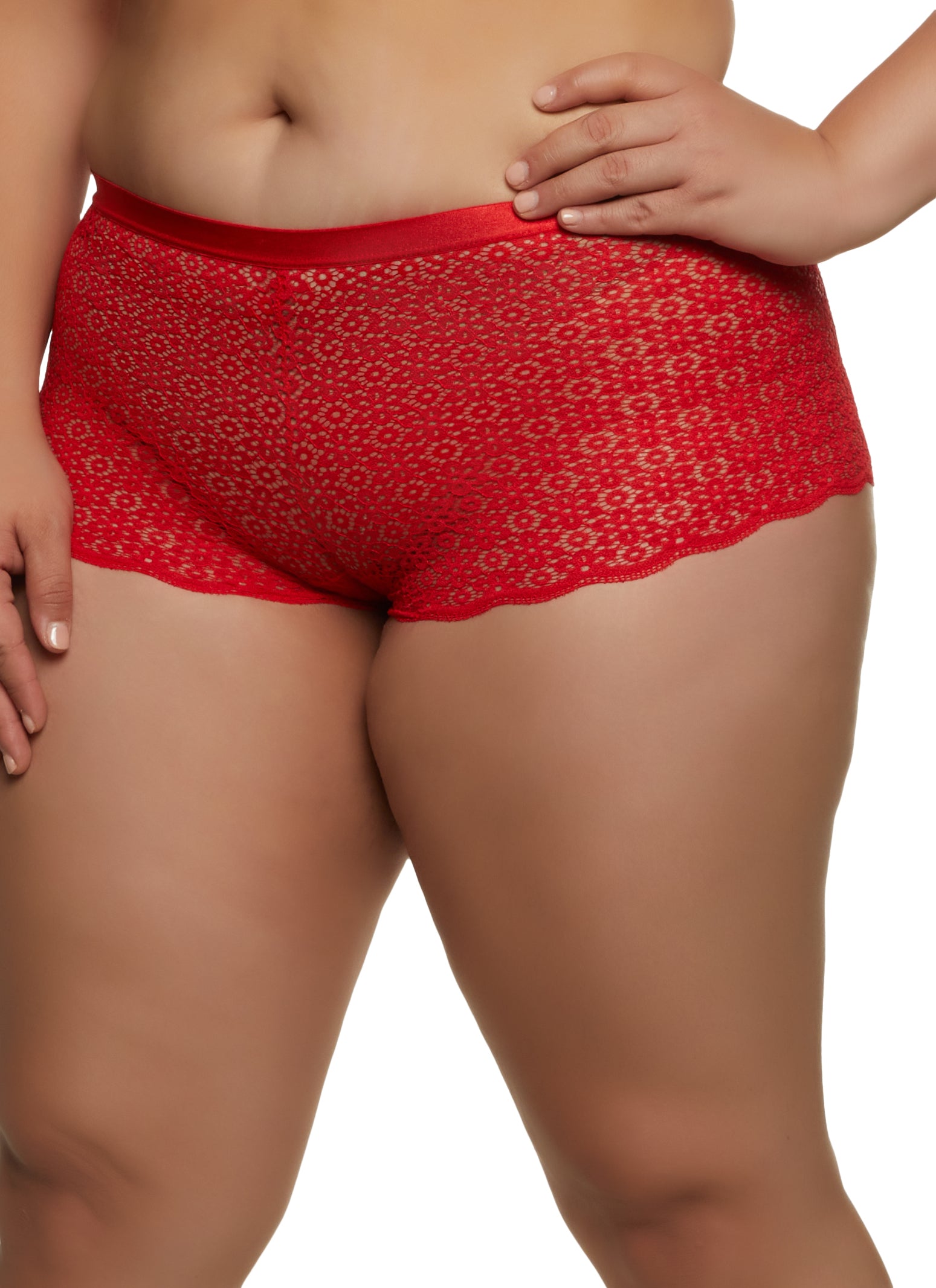 Plus Size Scalloped Trim Lace Boyshort Panty - Red