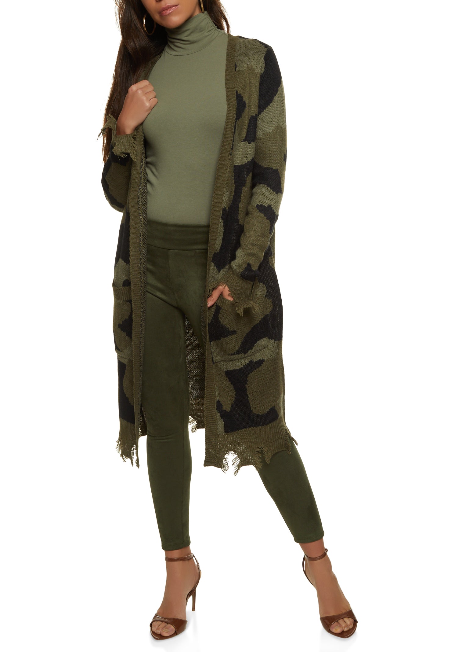 Camo Print Distressed Hem Long Cardigan