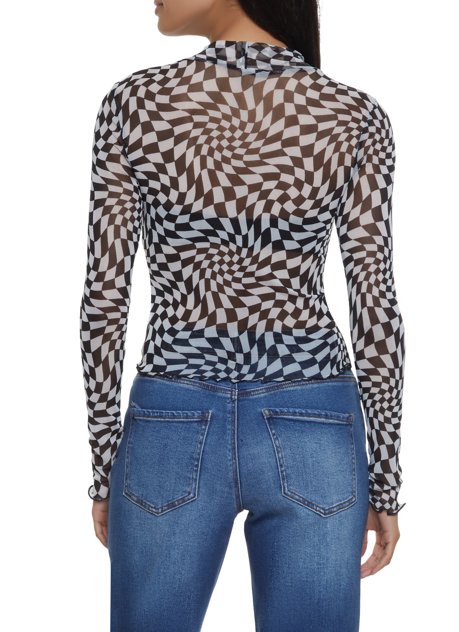 Checkered Mesh Mock Neck Top