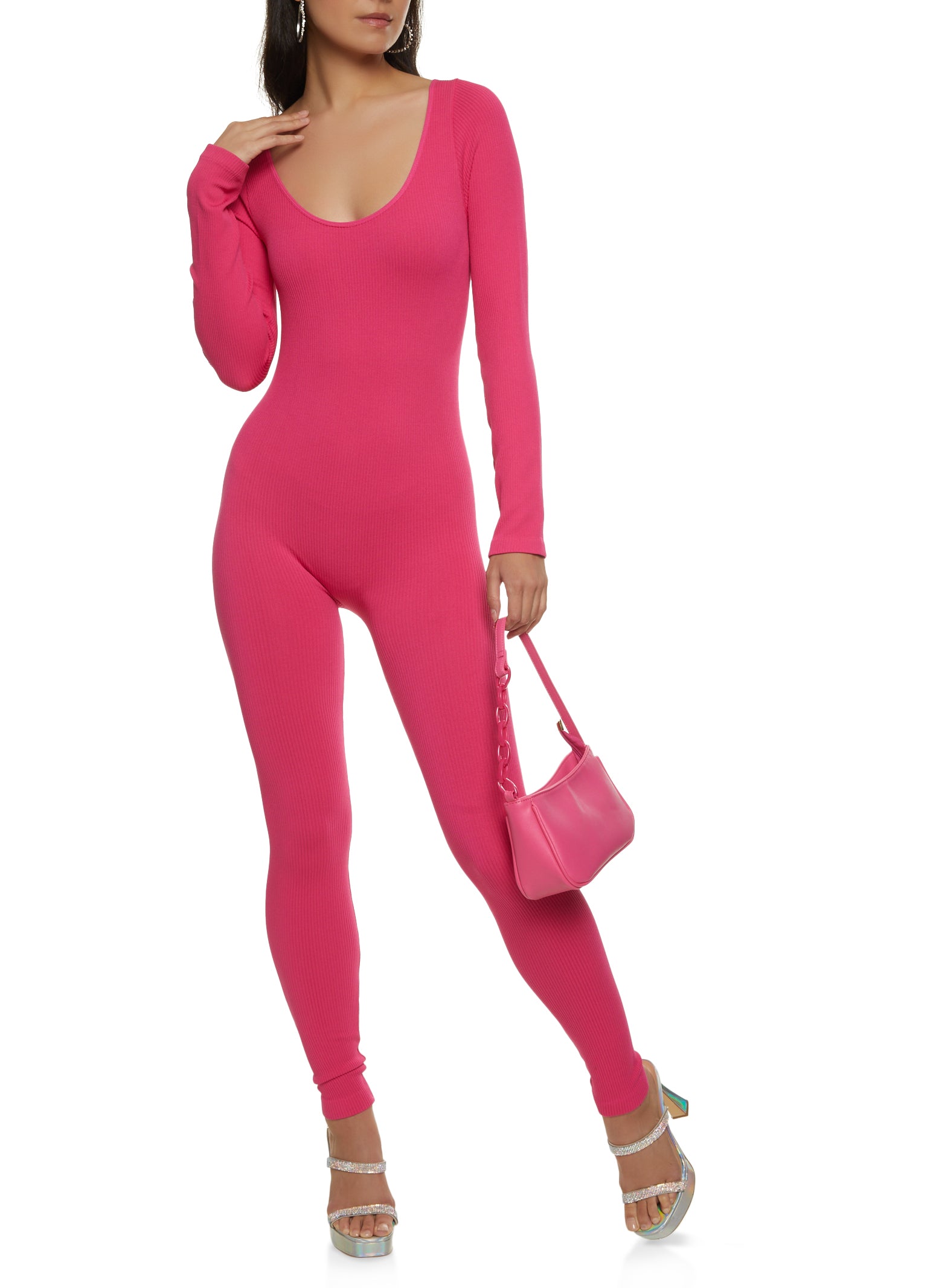 Solid Ribbed Seamless Jumpsuit - Fuchsia