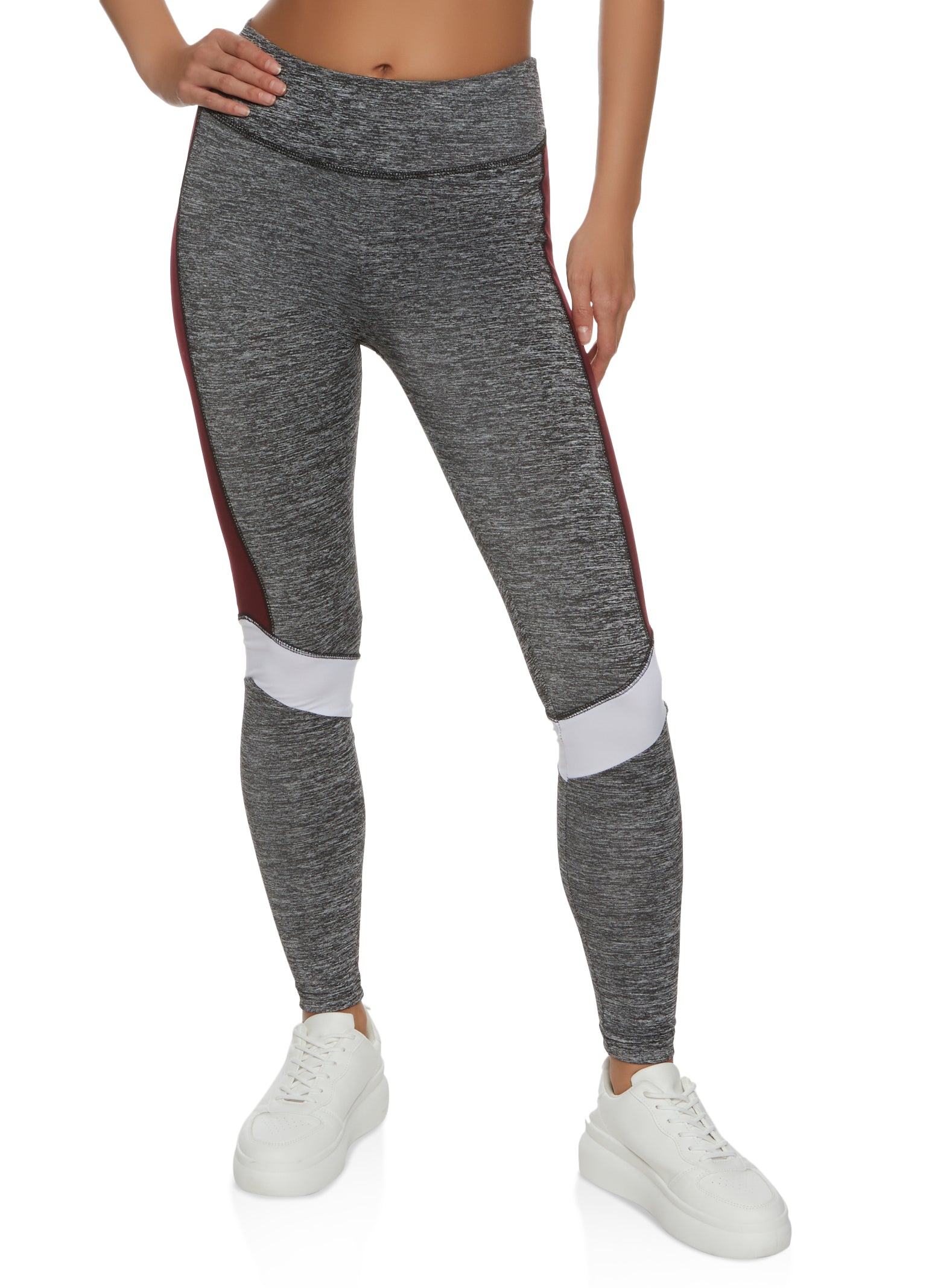 High Waist Color Block Active Leggings - Burgundy