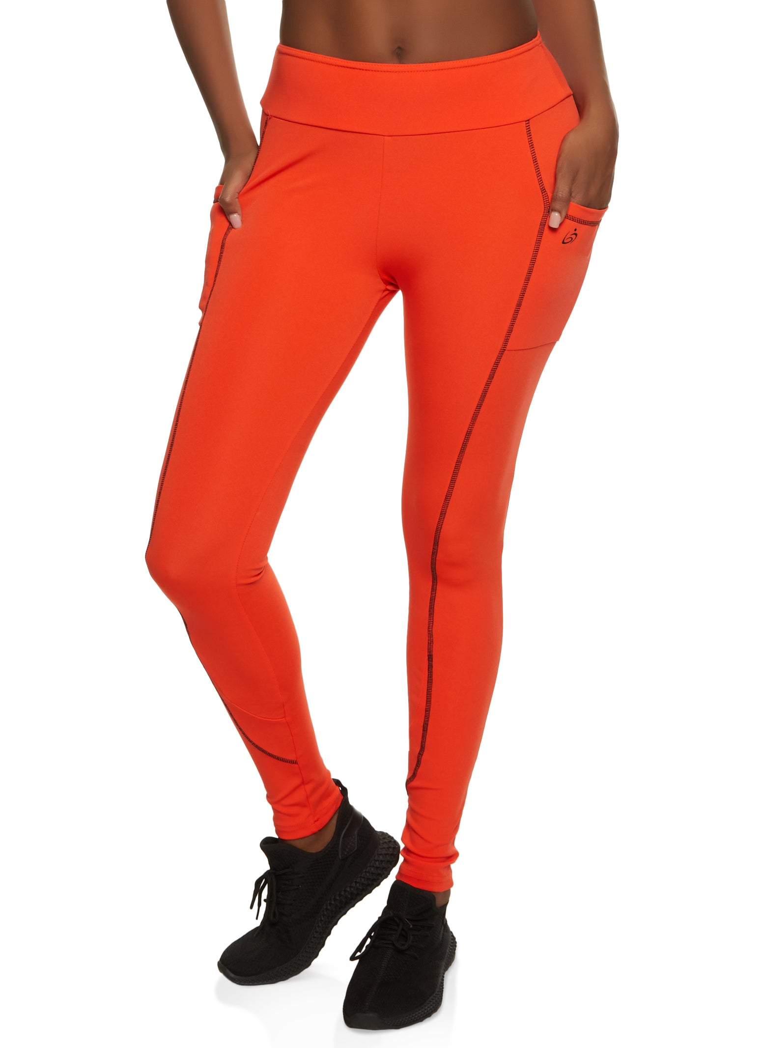 Contrast Stitch Cell Phone Pocket Leggings - Orange