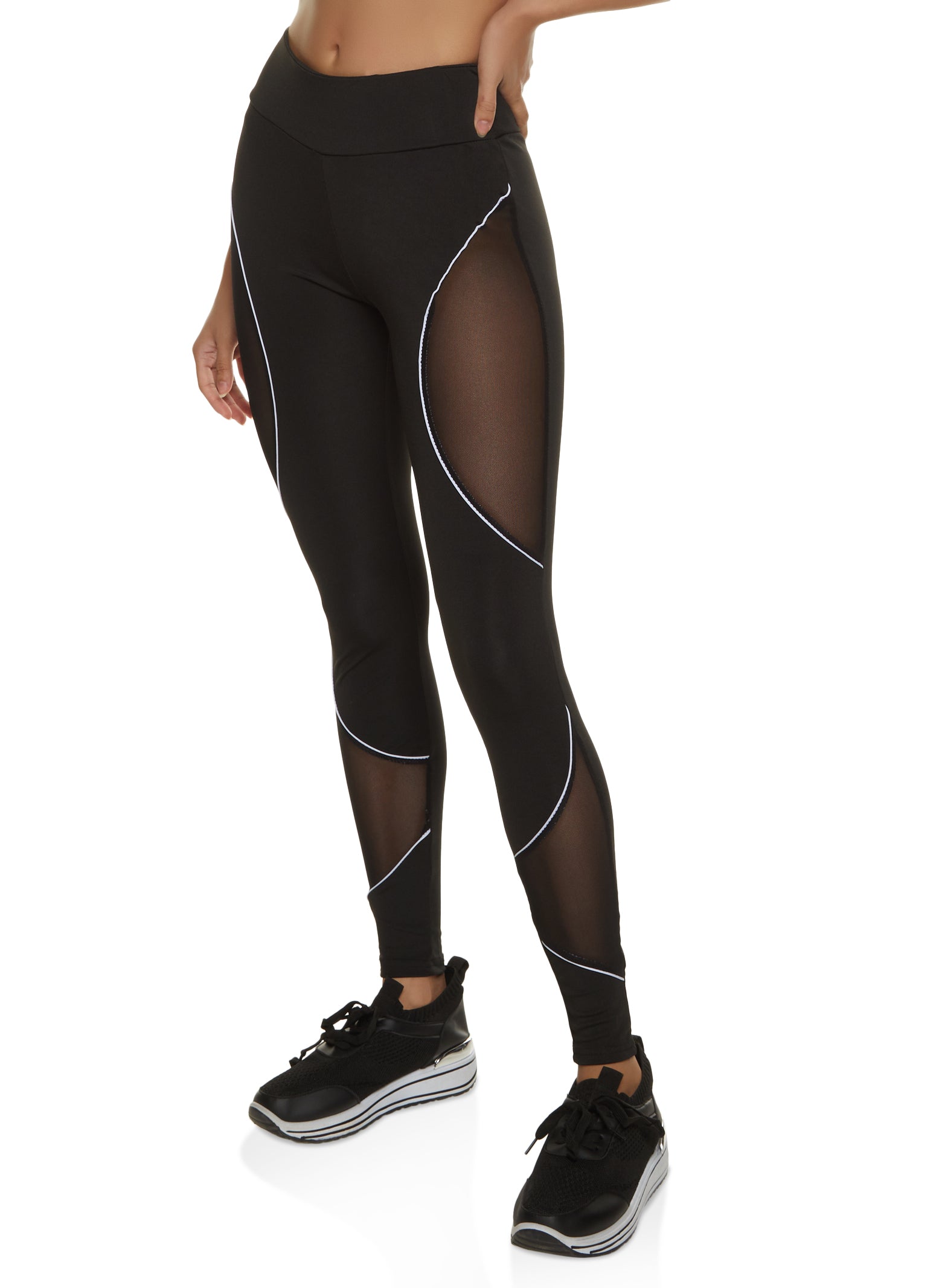 Yoga Basic Marled Mid-Calf Length Yoga Leggings Contrast Mesh Wide  Waistband Sports Leggings