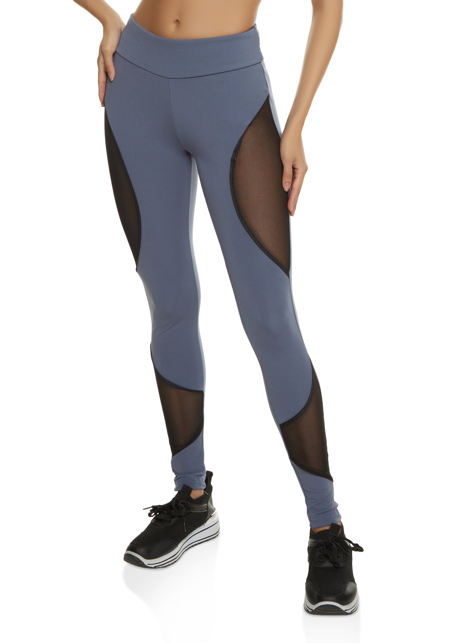 Contrast Trim Mesh Insert Active Leggings - Gray