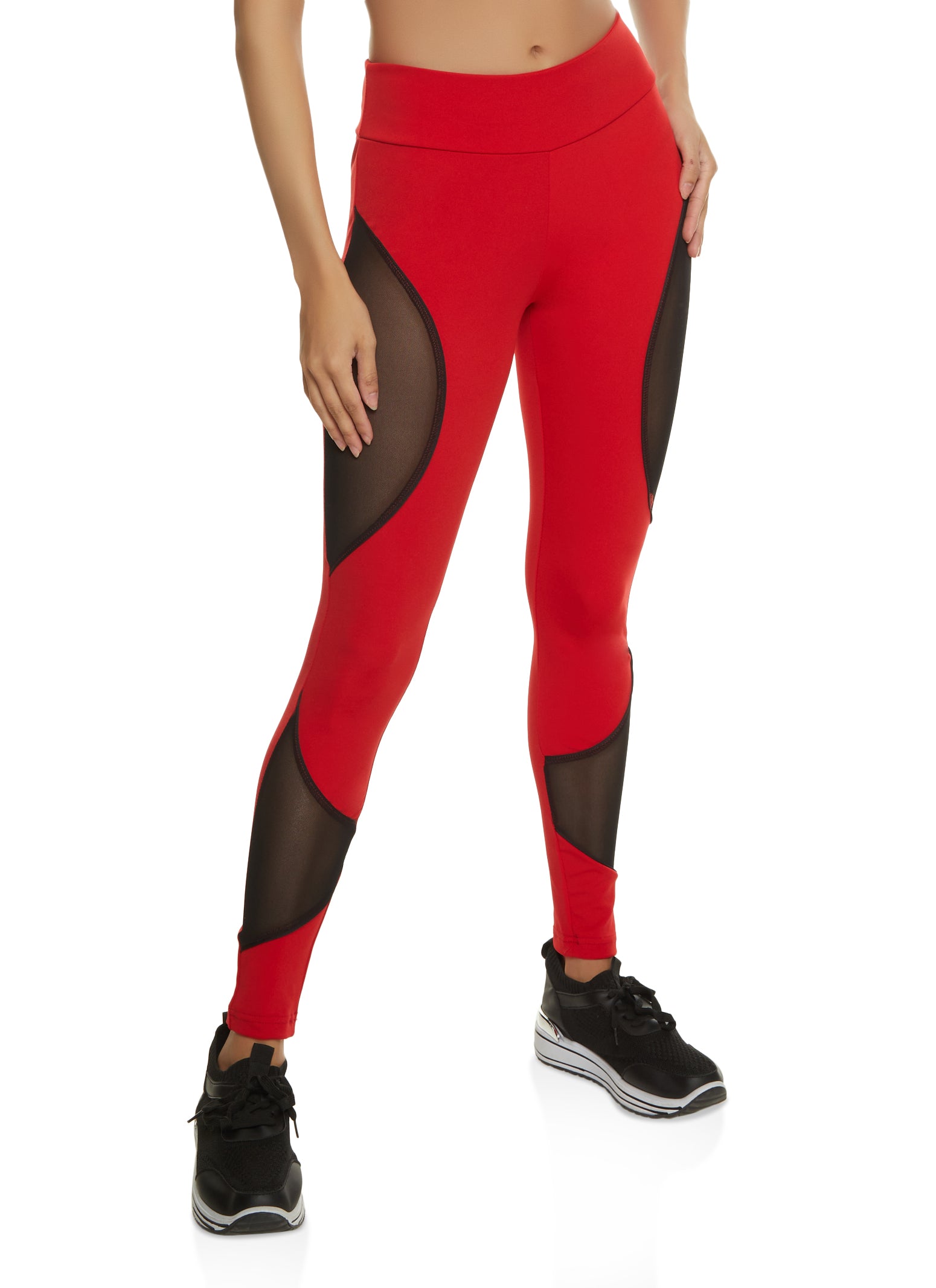 Contrast Trim Mesh Insert Active Leggings - Red