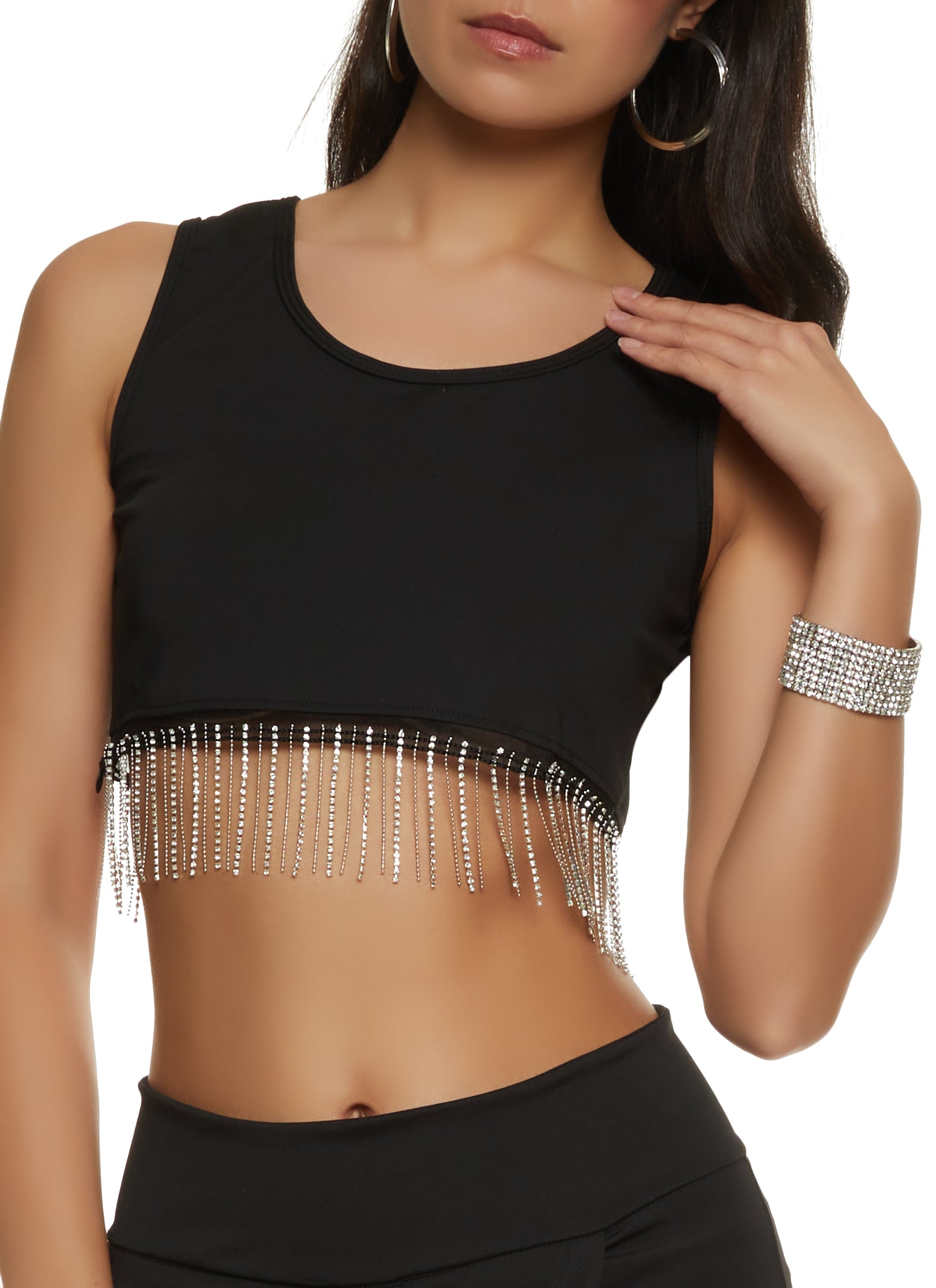 Black Strap Crop Top With Rhinestone Fringe – Free From Label