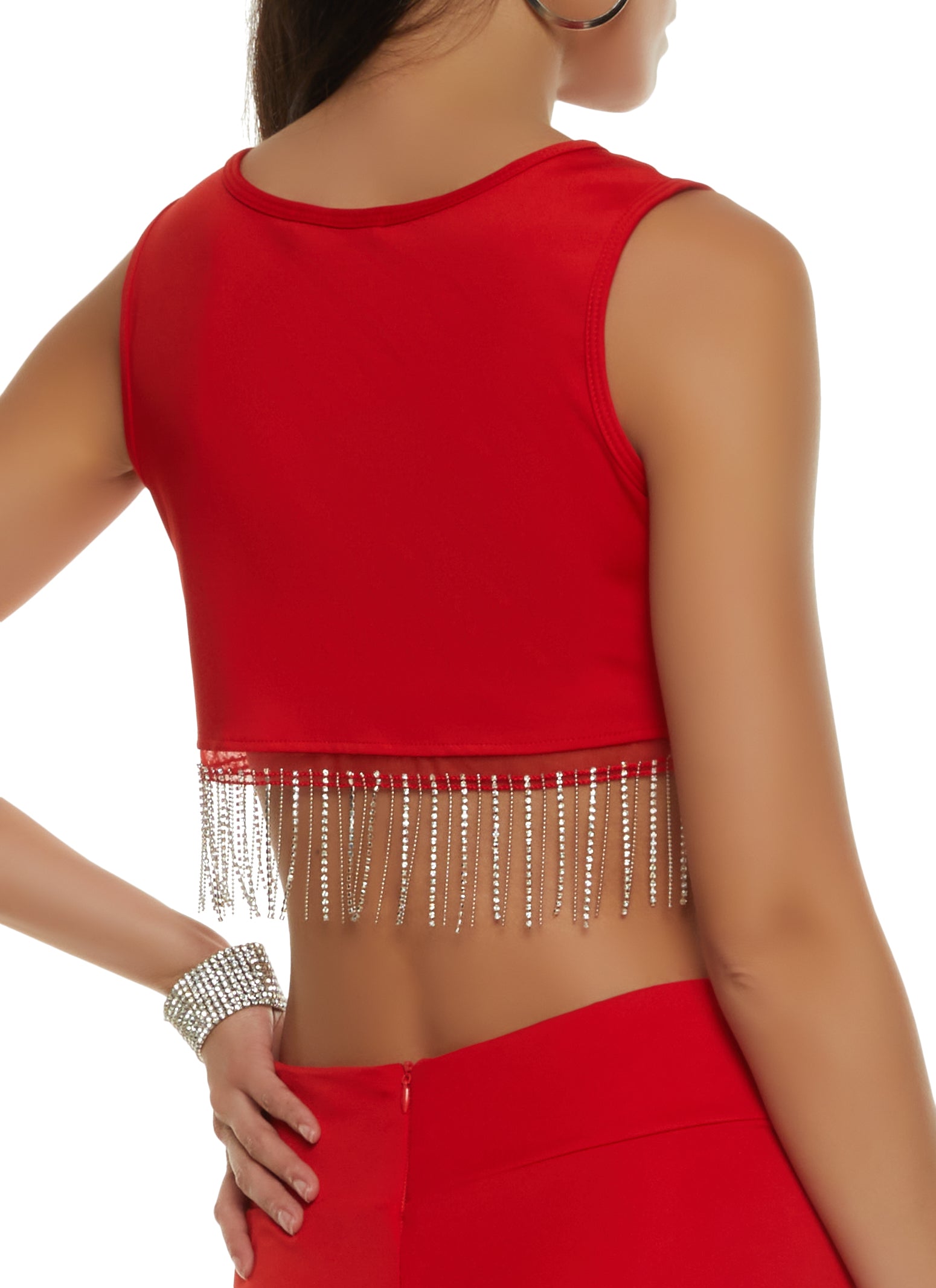 Rhinestone Fringe Crop Top - Red Red / M