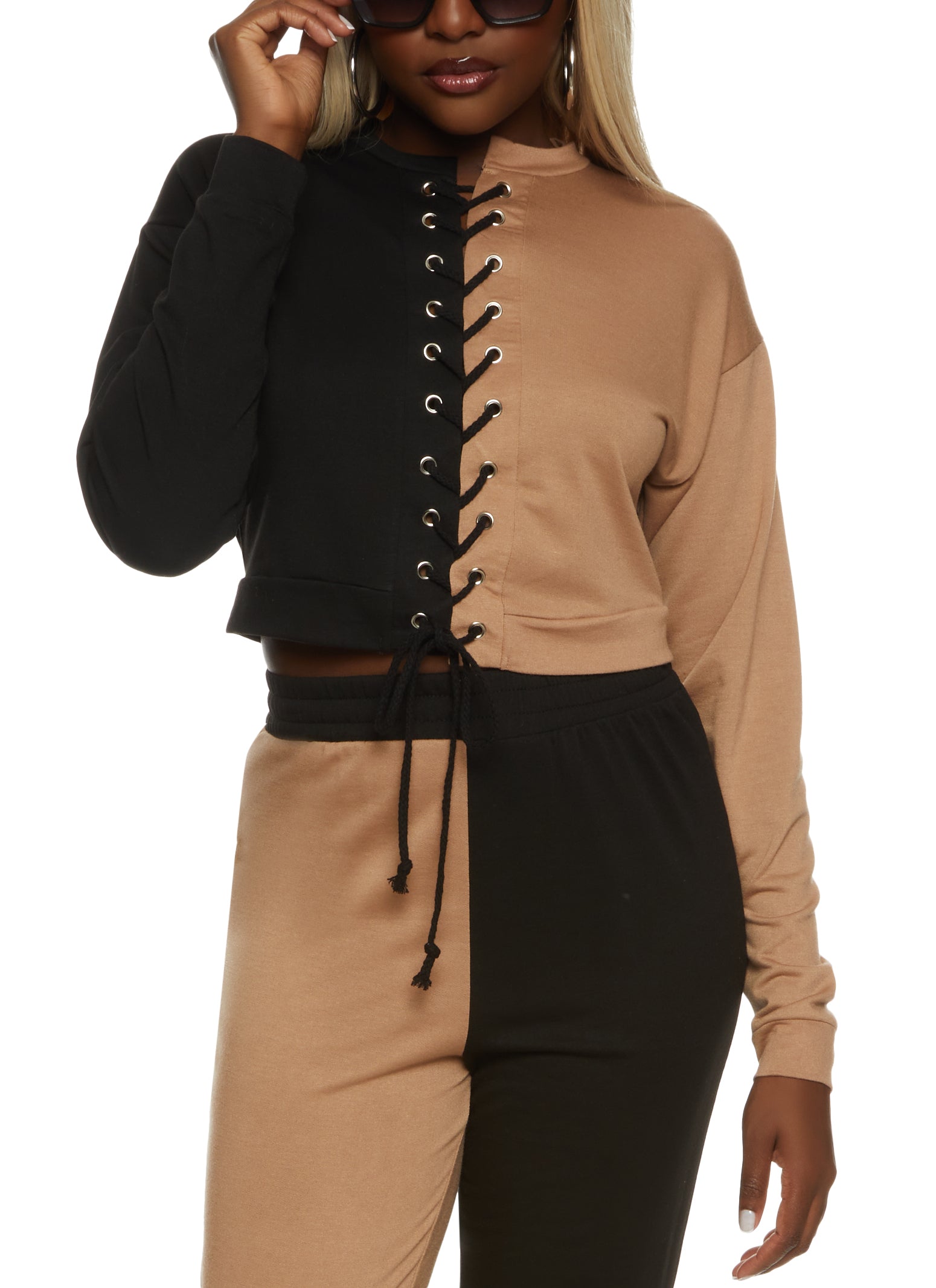 Color Block Lace Up Sweatshirt - Black