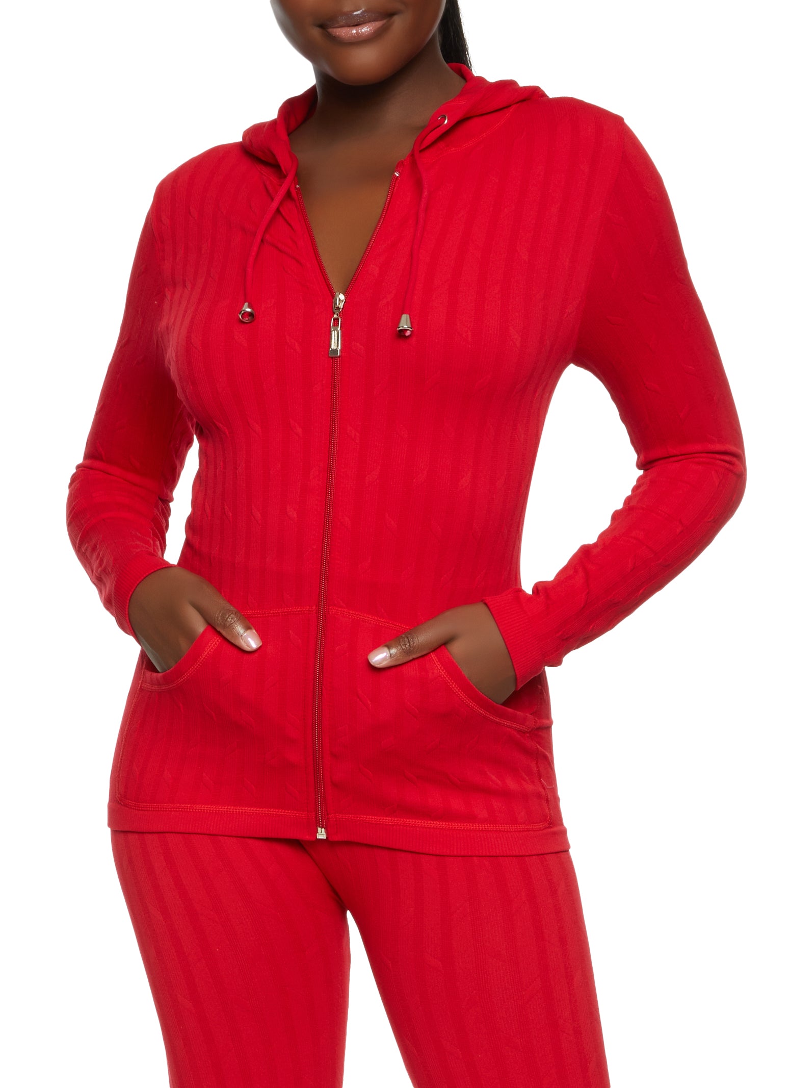 Seamless Ribbed Zip Front Hoodie - Red