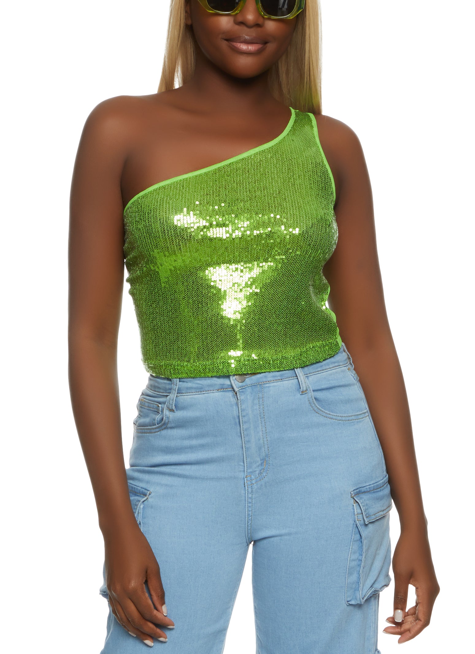 Sequin Mesh Back One Shoulder Crop Top - Lime