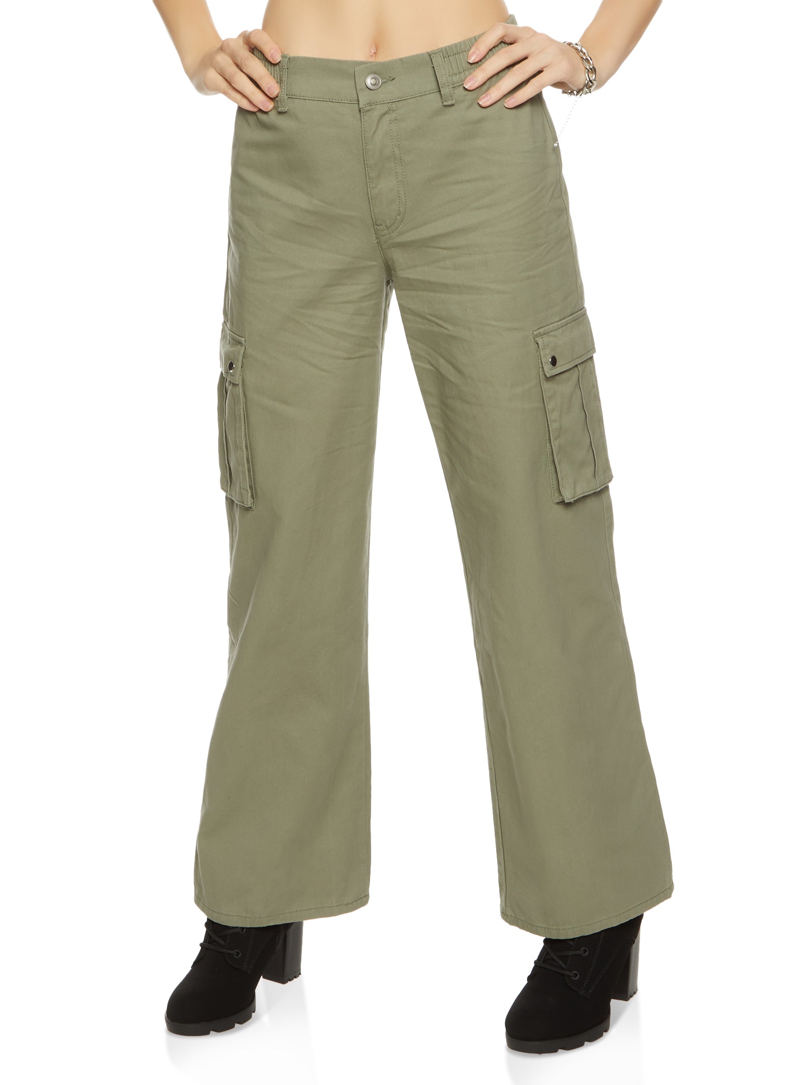 Solid Twill Wide Leg Cargo Pants